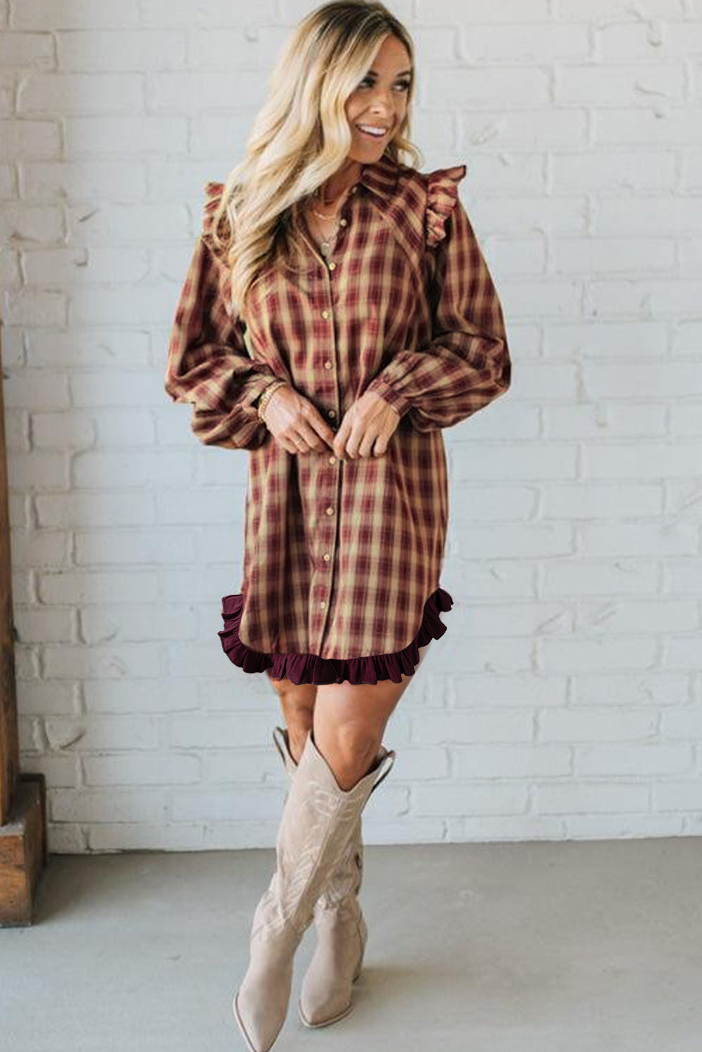 Plaid Print Ruffled Long Sleeve Hem Mini Shirt Dress - eAura