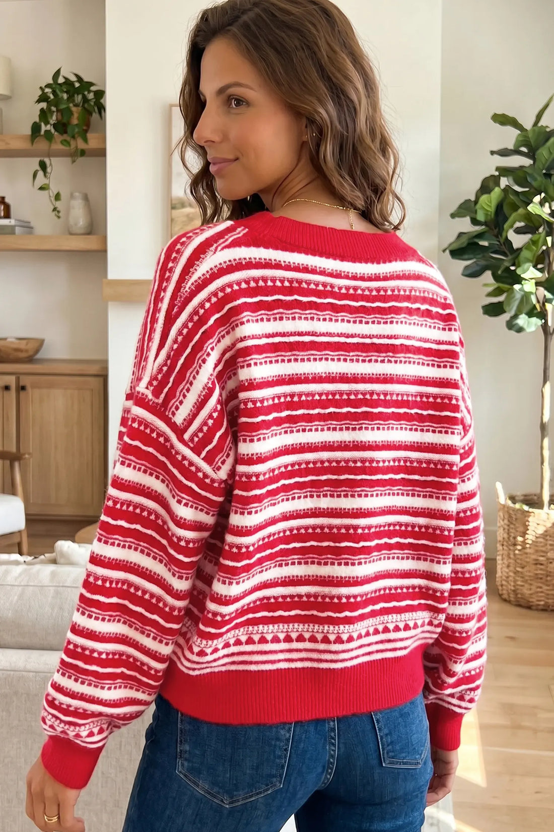 Geometric Striped Pattern V Neck Button Front Casual Knit Cardigan