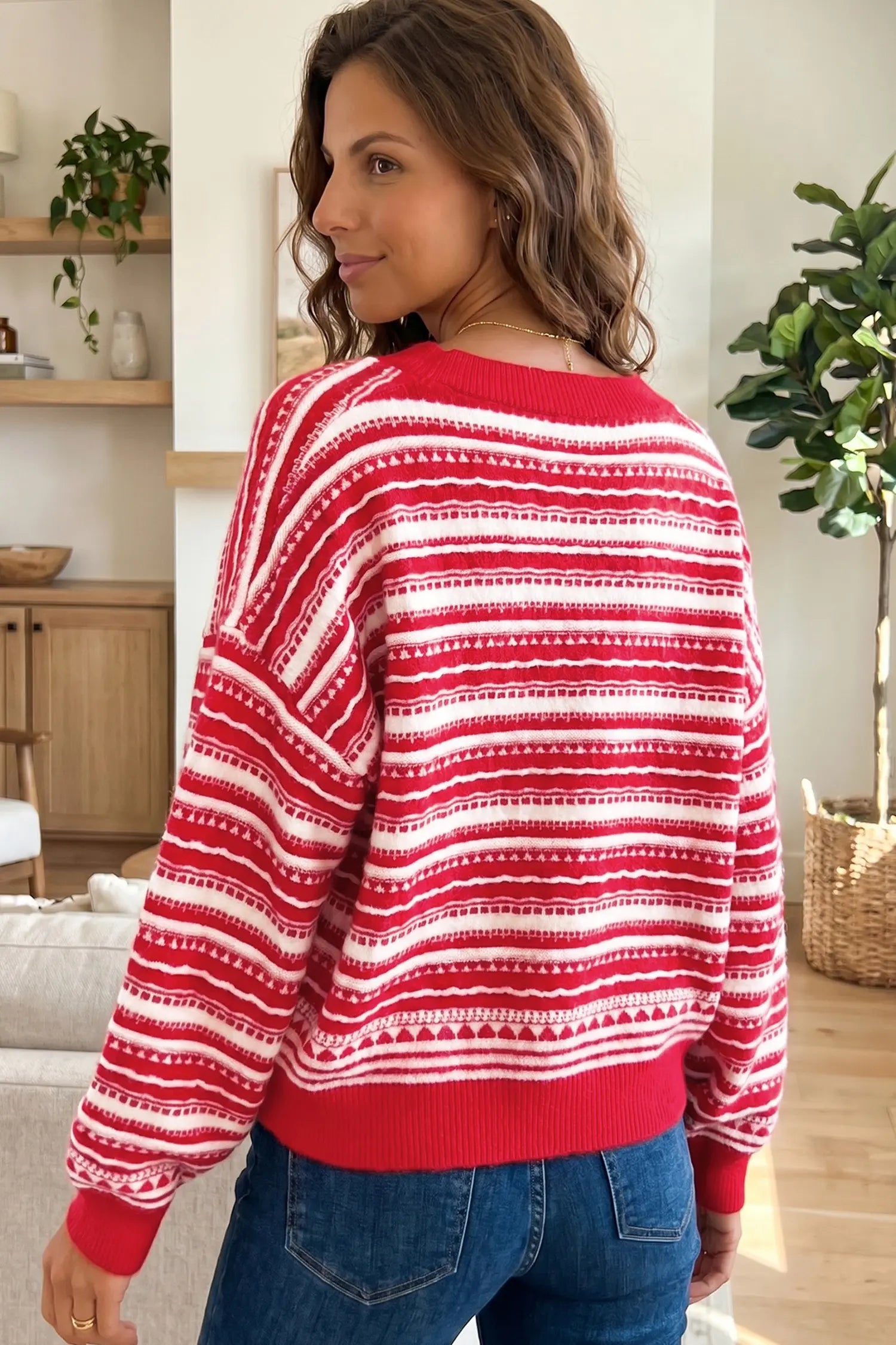 Geometric Striped Pattern V Neck Button Front Casual Knit Cardigan – Red