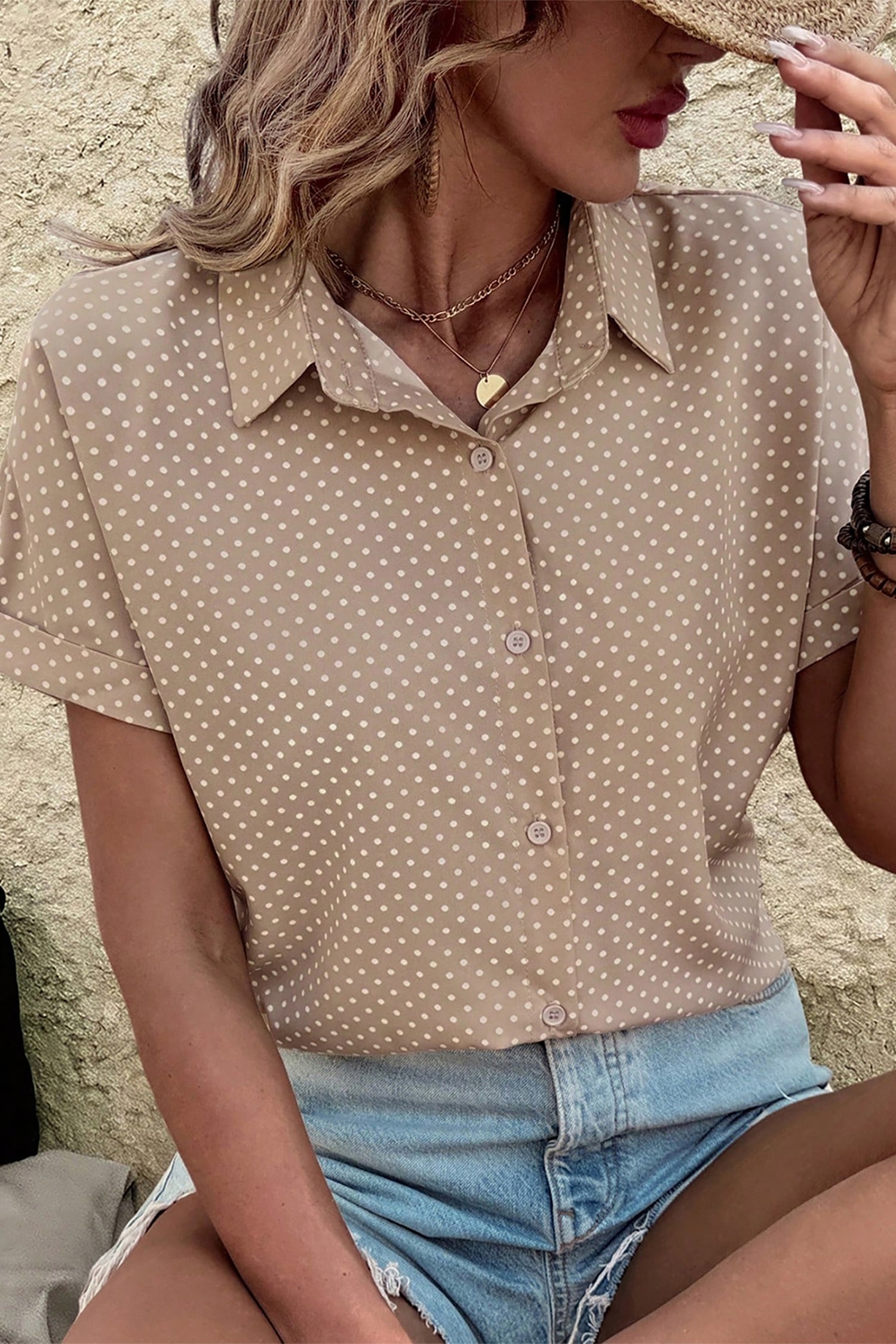 Dotted Print Cuffed Short Sleeve Shirt