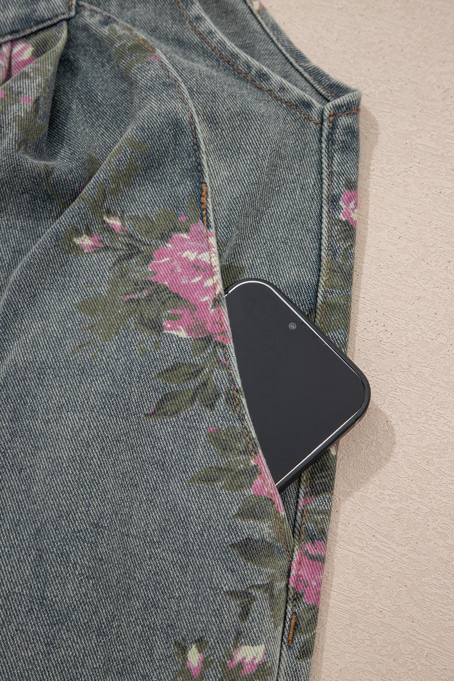 Floral Print Pleated Wide Leg Denim Jumpsuit – High Waist