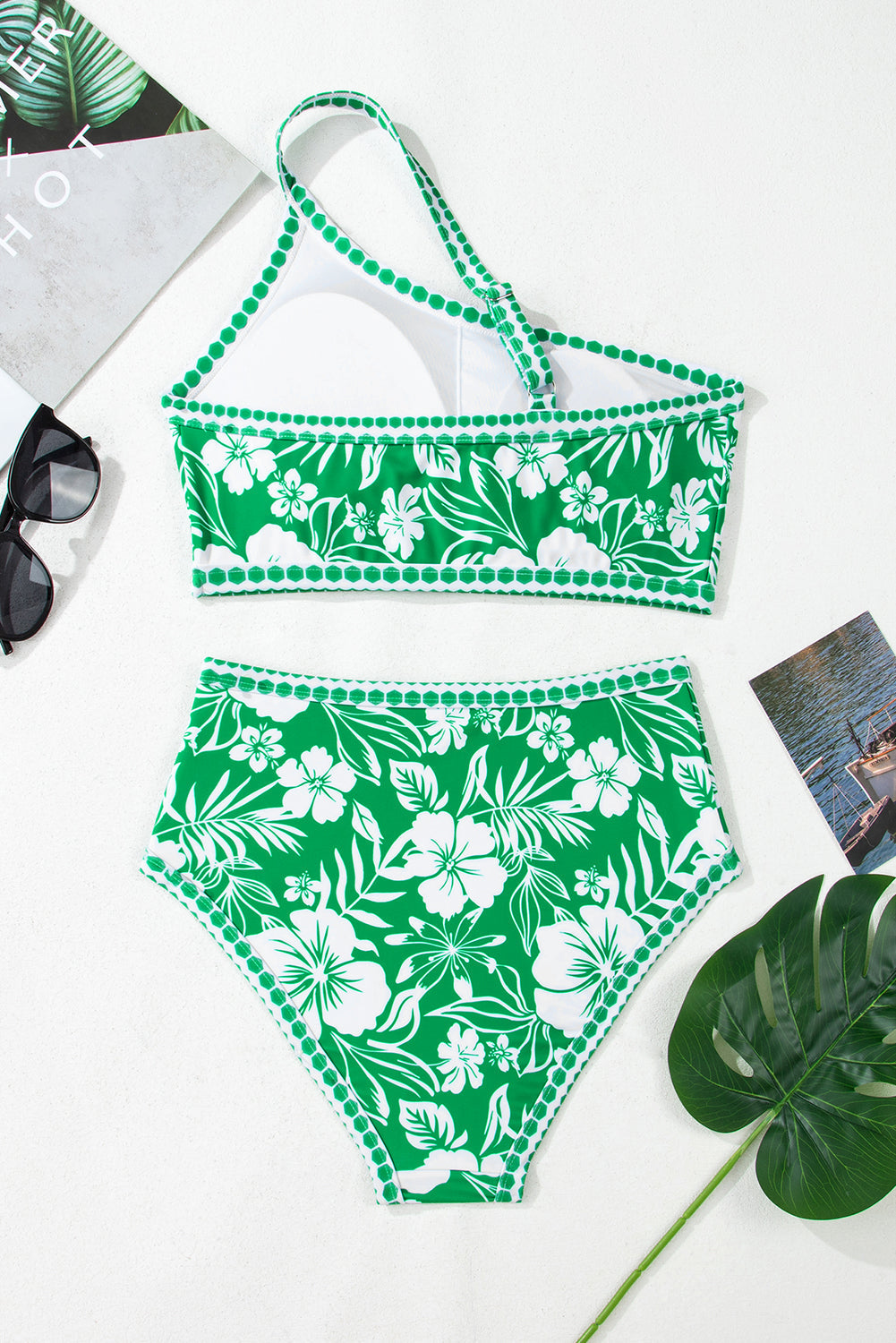 Green Floral Print One Shoulder High Waist Bikini Set eAura