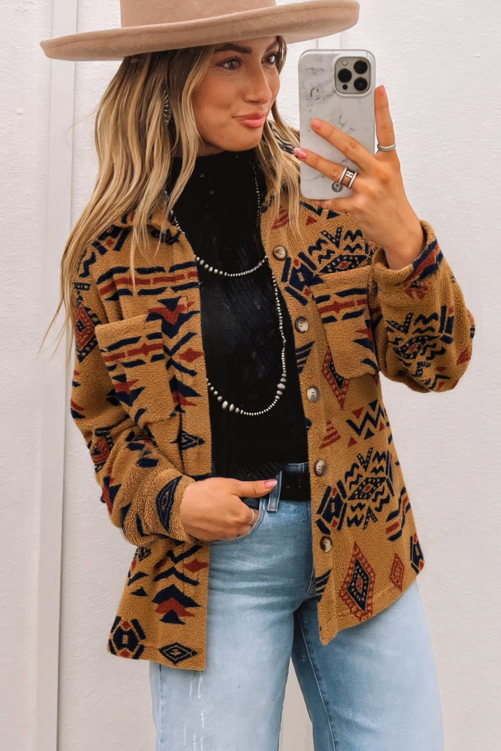 Western Aztec Pattern Fleece Shacket eAura