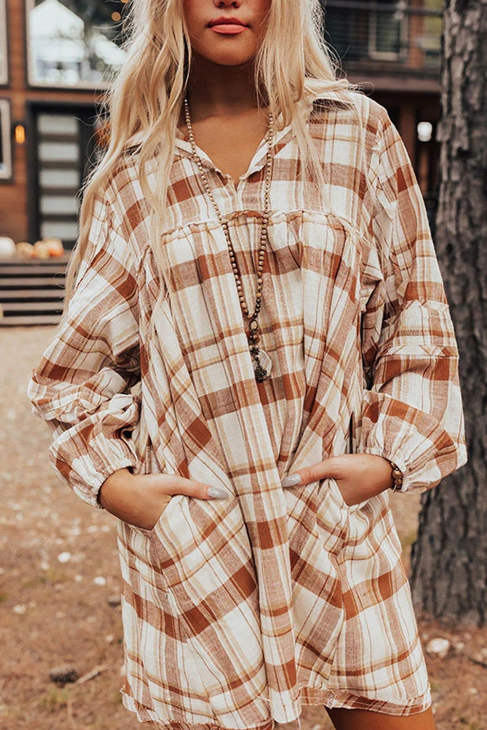 Brown Plaid Print Side Pockets Frilled Babydoll Mini Dress BB Fashion Outlet