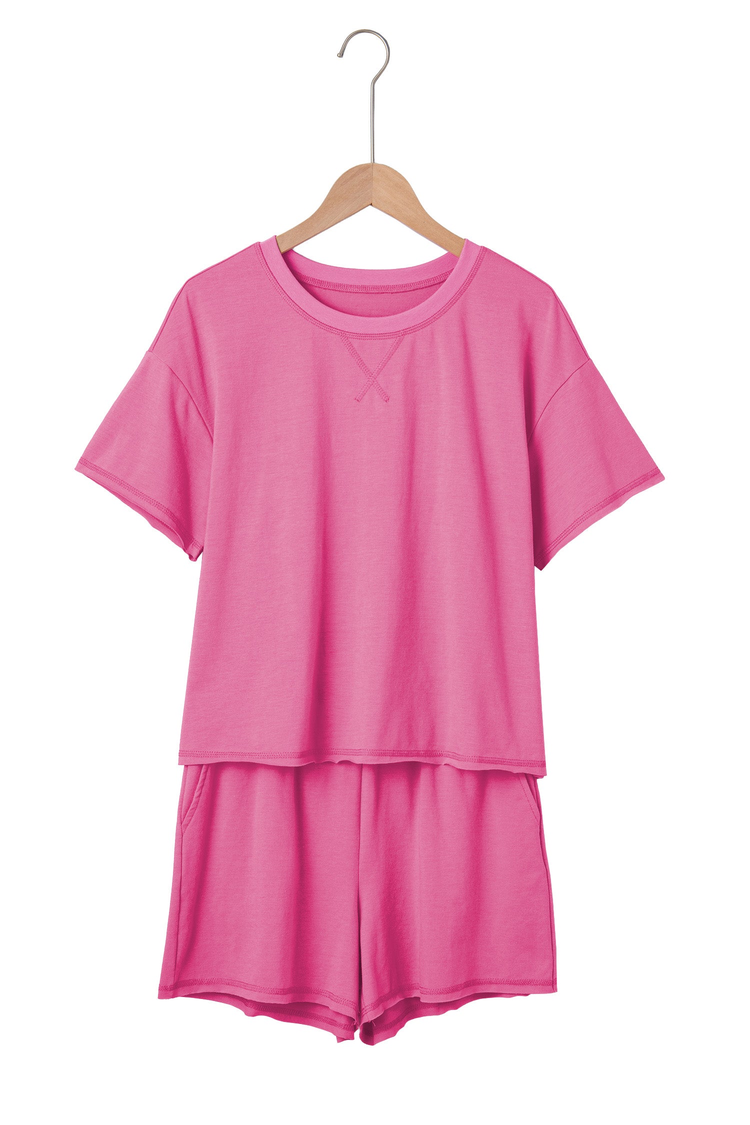 Seam Detail Raw Edge Tee Rainbow Waistband Casual Short Set
