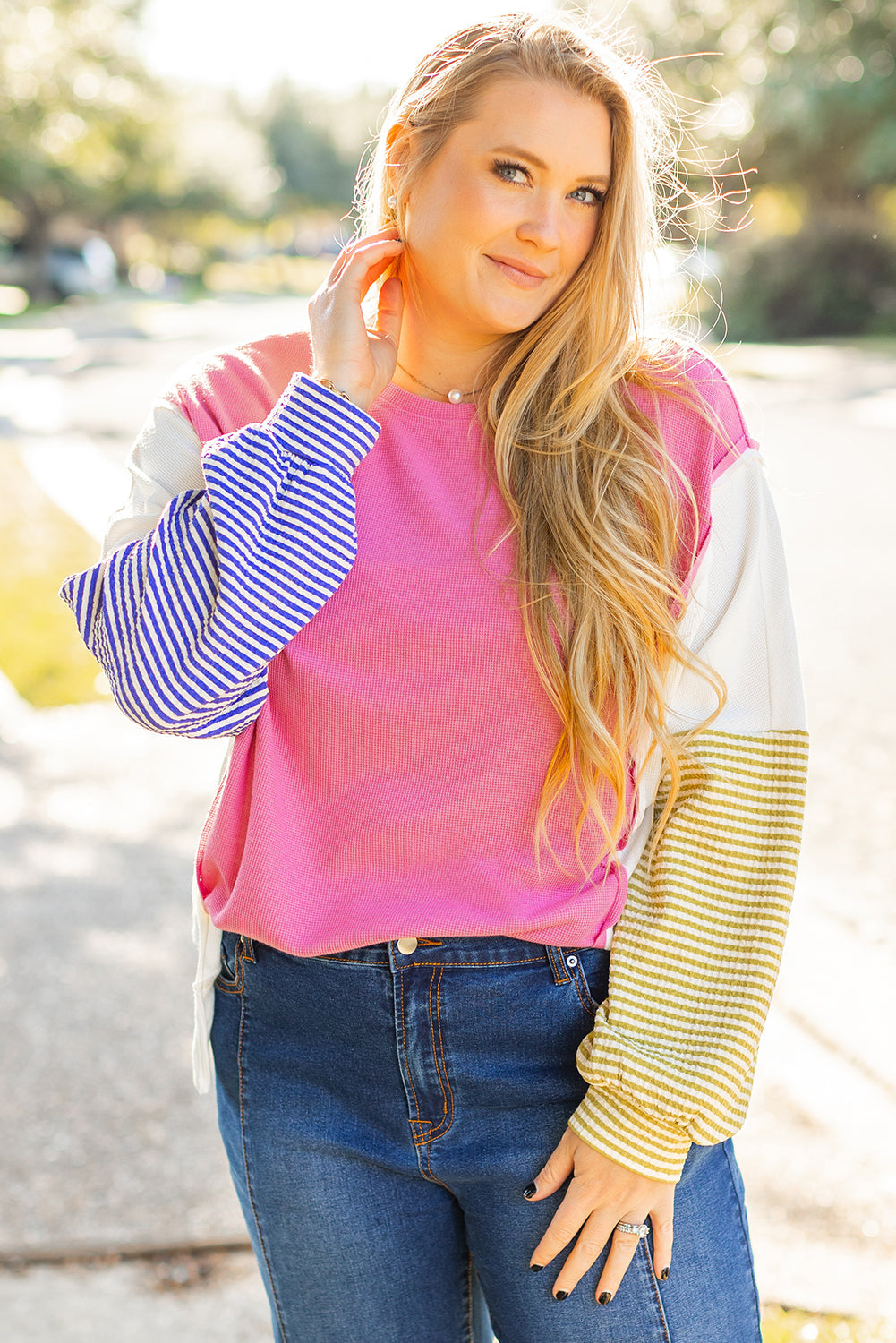 Rose Red Colourblock Patchwork Striped Puff Sleeve Plus Size Top with Slits BB Fashion Outlet