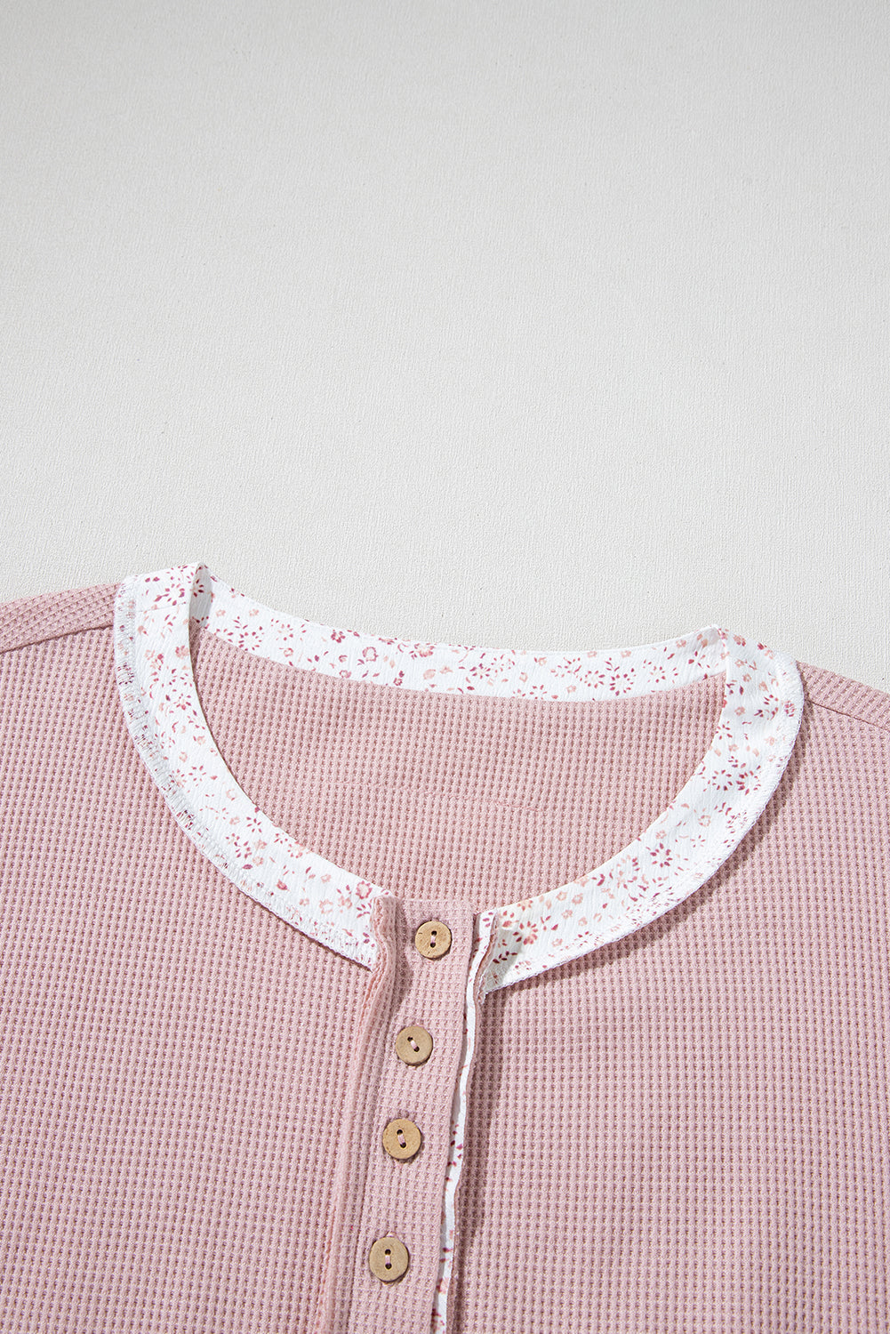 Pink Waffle Floral Patchwork Exposed Seam Detail Short Sleeve Top eAura