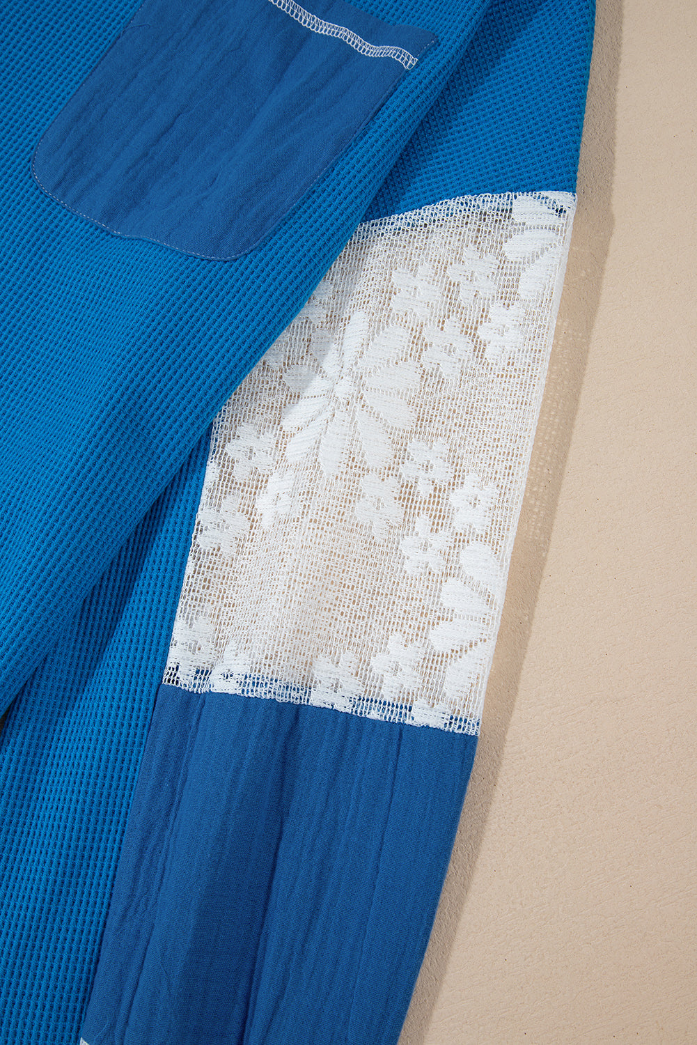 Sky Blue Lace Floral Patchwork Sleeve Stitching V Neck Rib Knit Blouse eAura