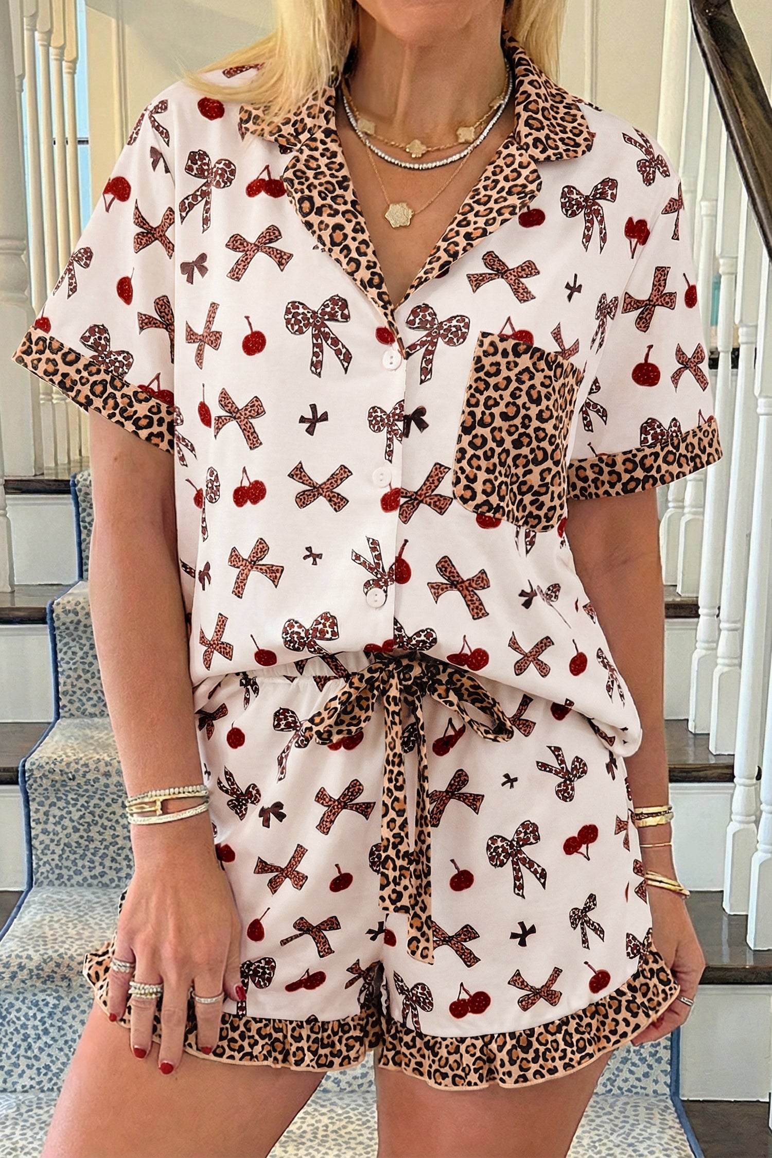 Chic Bow Cherry Print Leopard Contrast Shirt and Drawstring Pyjams