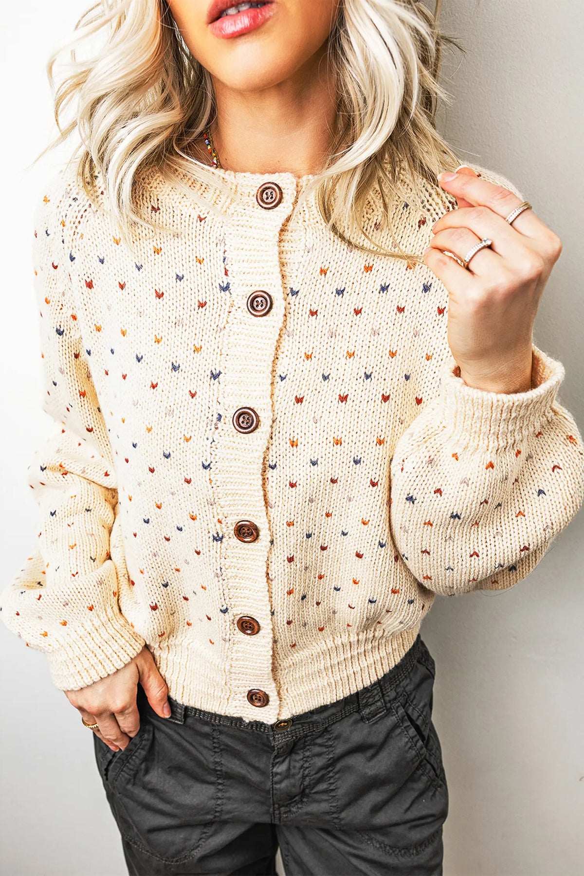 Geometric Print Button Front Long Sleeve Regular Fit Cardigan – Beige