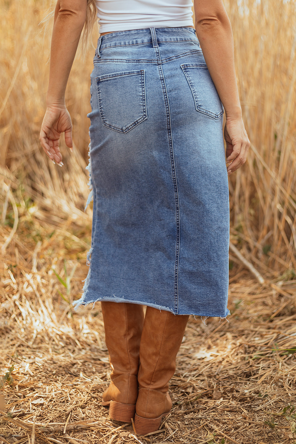 Irregular Distressed Bottom Denim Midi Skirt - eAura