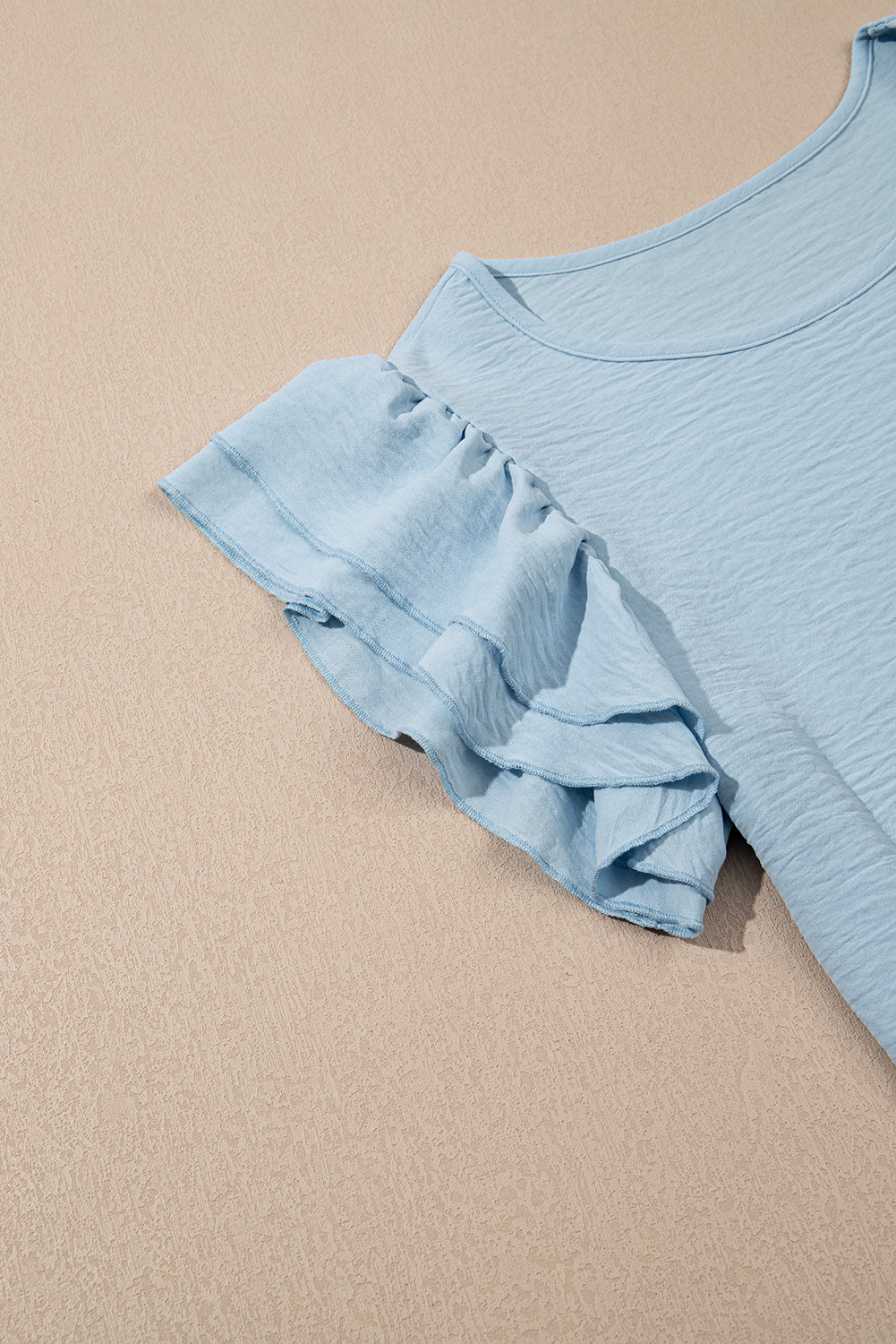 Mist Blue Solid Colour Ruffled Short Sleeve Casual Blouse eAura