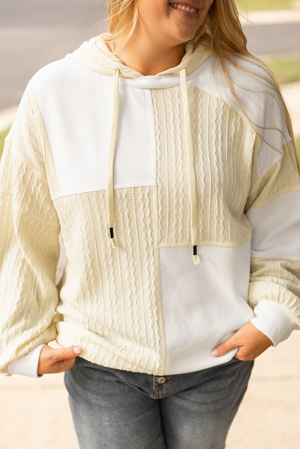 Beige Textured Patchwork Exposed Seam Plus Size Hoodie Beagle Boutique Fashion Outlet