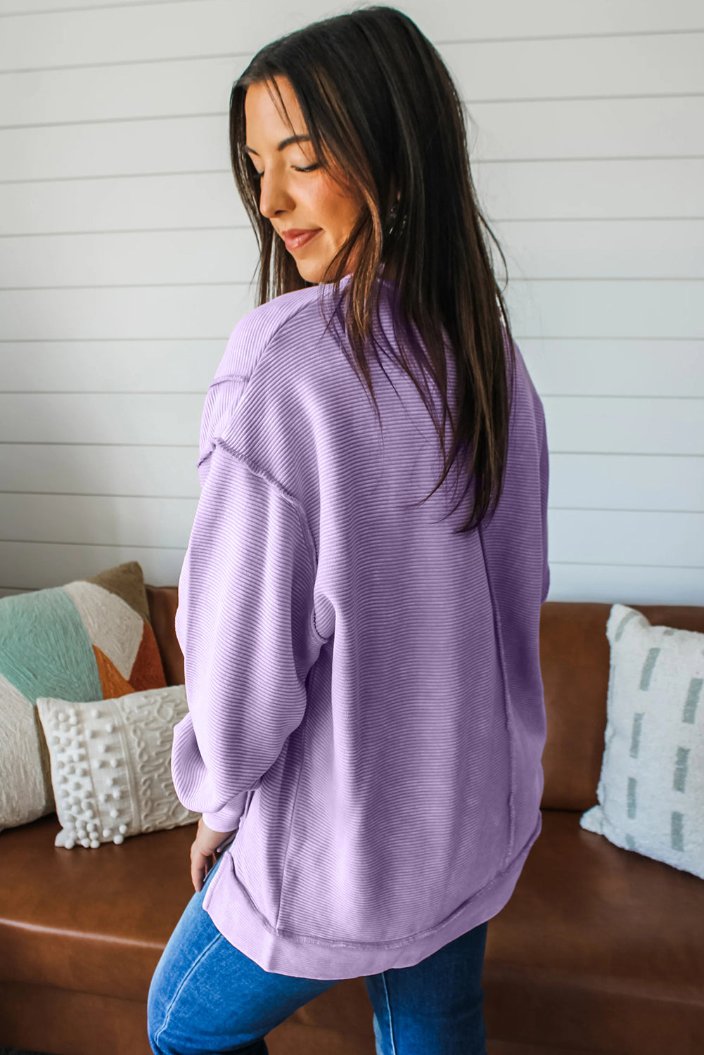 Horizontal Ribbed Exposed Seam Detail Drop Shoulder Baggy Pullover - Tops/Long Sleeve Tops