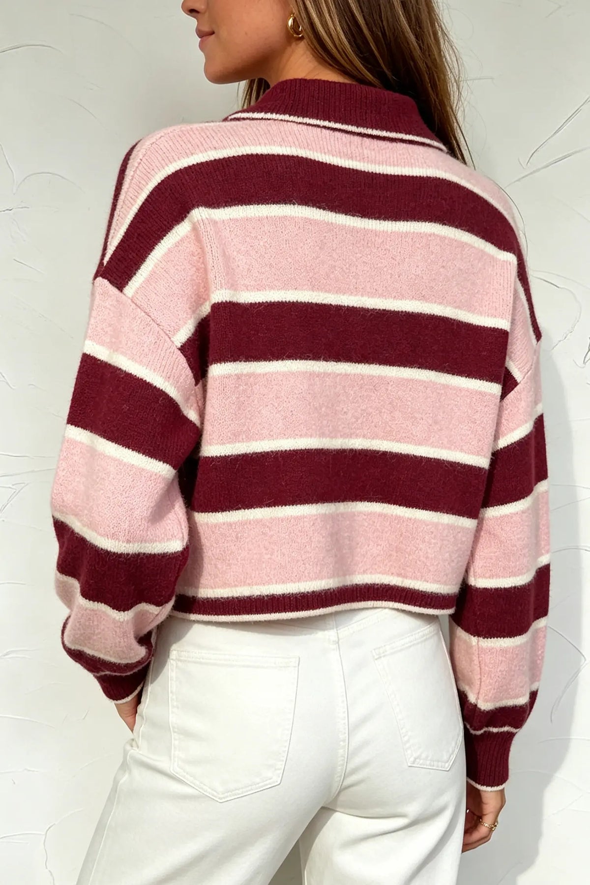 Polo Collar Knit Sweater Long Sleeve Ribbed Cuff Casual