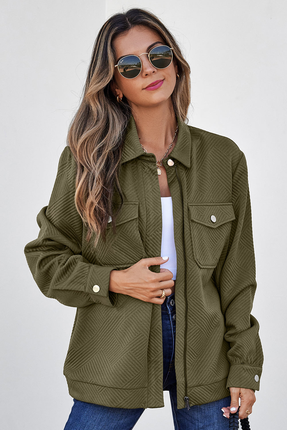 Solid Color Zip Up Button Flap Pocket Shirt Collar Jackets – Blackish Green
