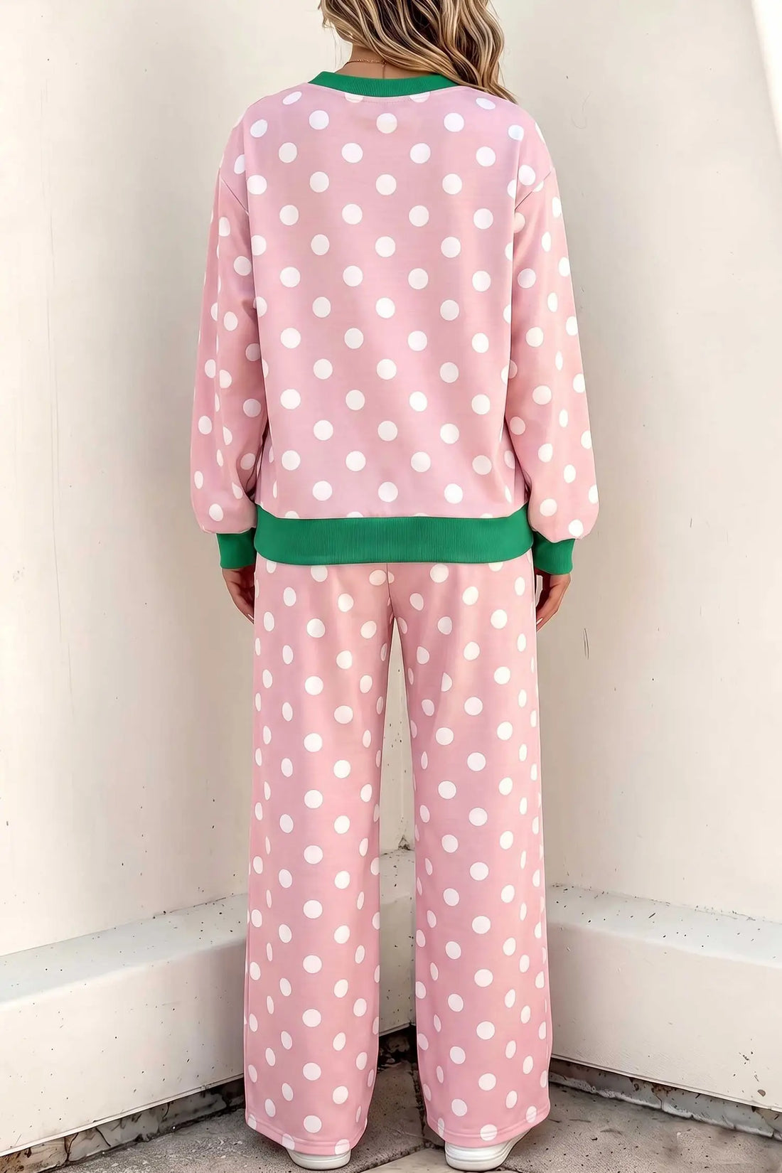 Polka Dot Contrast Trim Long Sleeve Top Drawstring Shift Pants Set – Pink