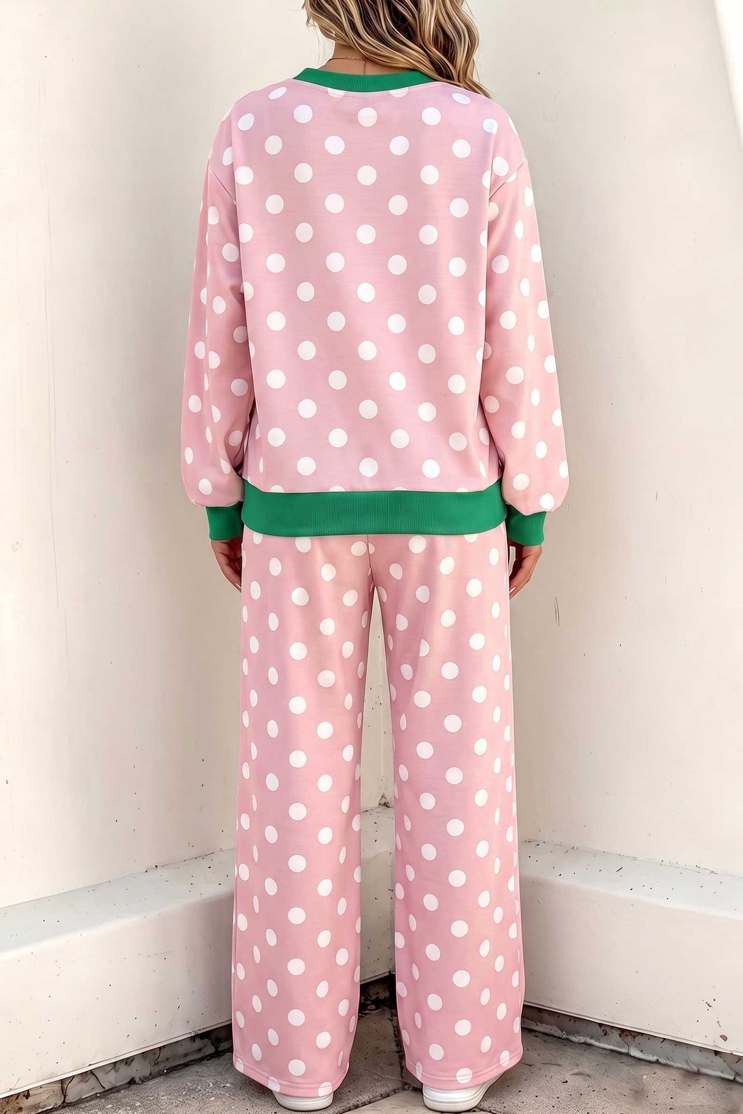 Polka Dot Contrast Trim Long Sleeve Top Drawstring Shift Pants Set – Pink