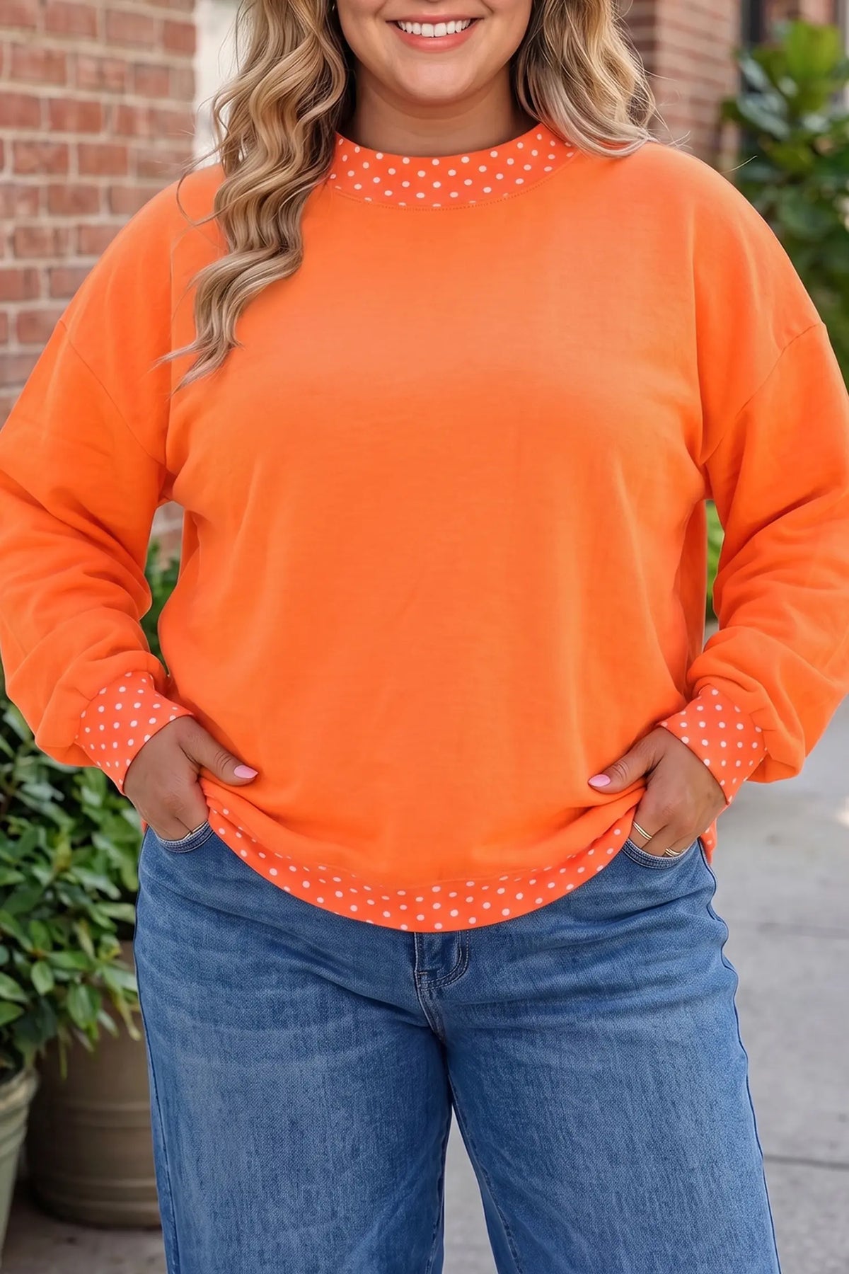 Polka Dot Patchwork Round Neck Plus Size Sweatshirt – Racing Red