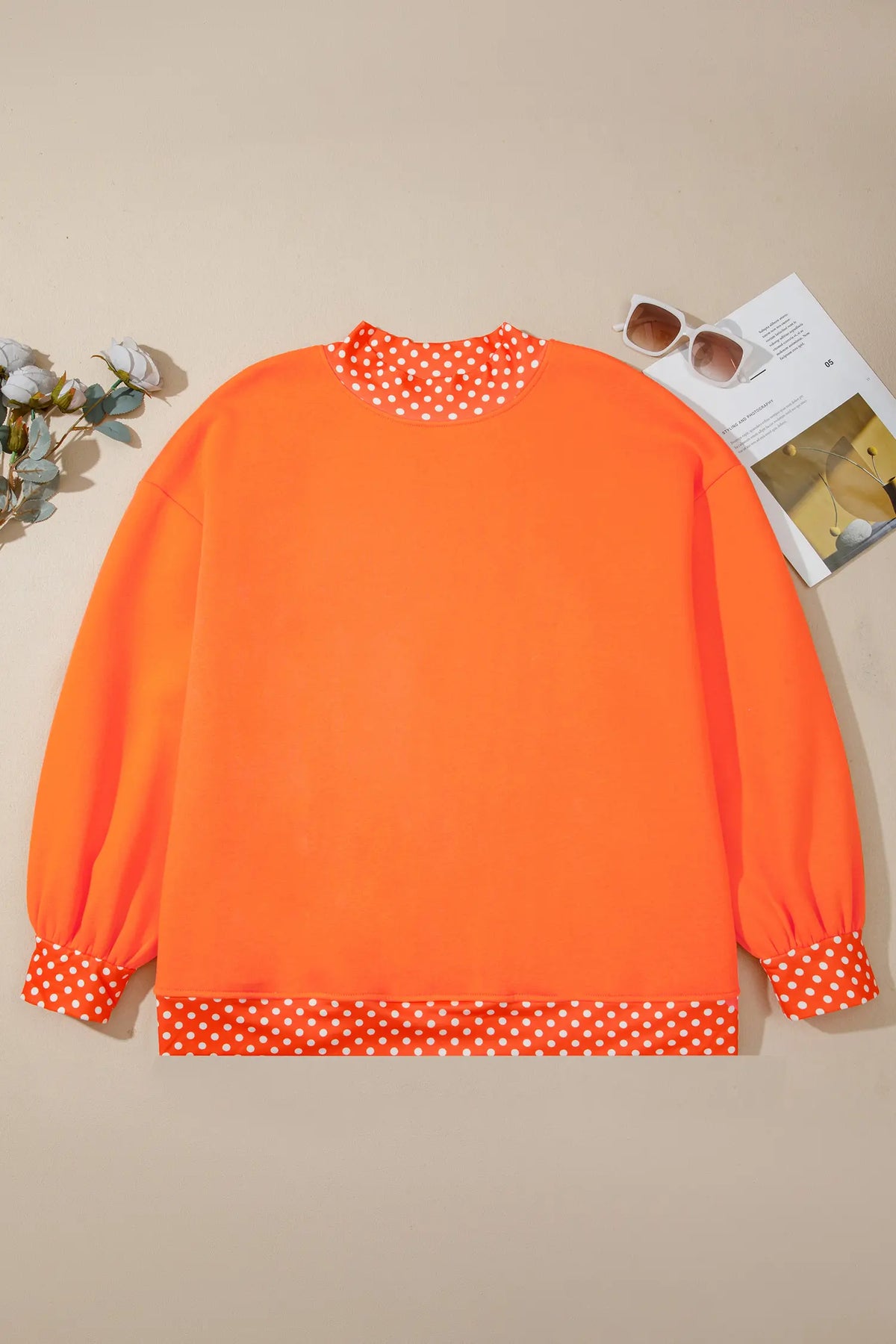 Polka Dot Patchwork Round Neck Plus Size Sweatshirt – Racing Red