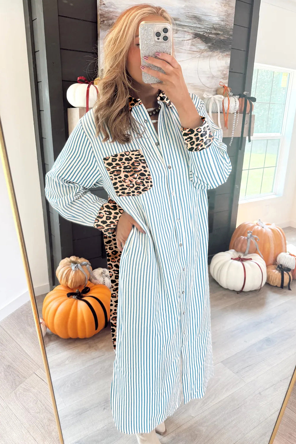 Stripe Contrast Leopard Patchwork Long Shirt Dress with Slits - Dresses/Maxi Dresses