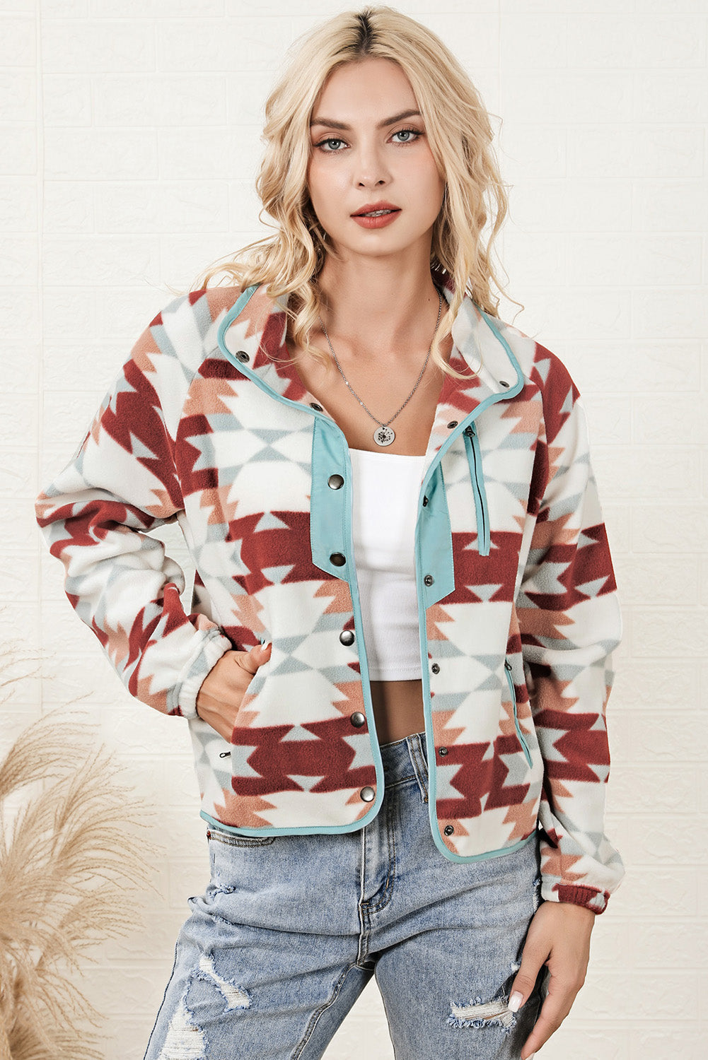 Fiery Red Western Aztec Buttoned Zipper Pockets Fleece Jacket eAura