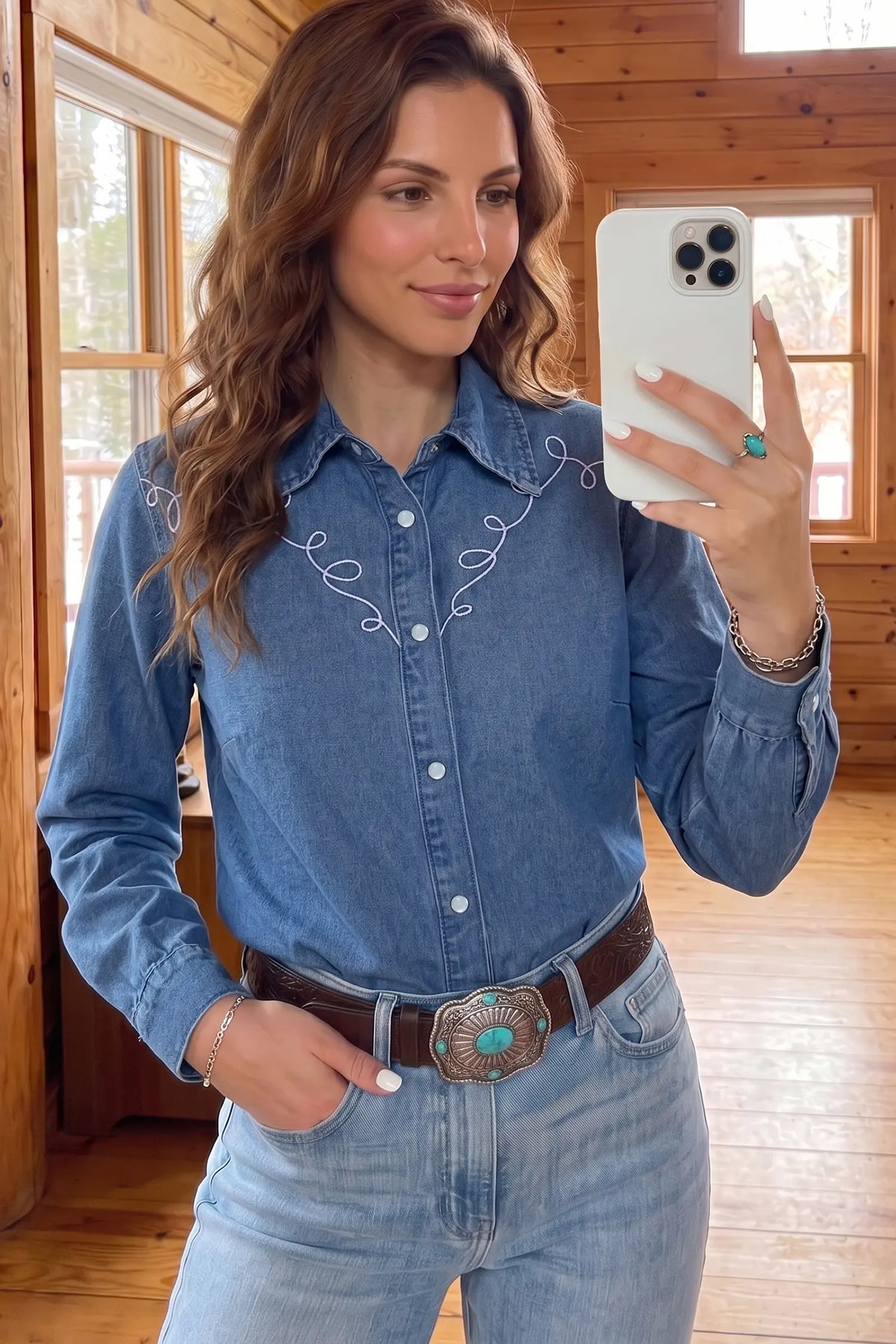 Western Embroidered Collar Long Sleeve Denim Shirt – Dusk Blue
