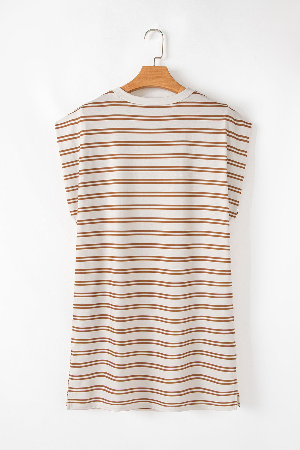 Khaki Stripe Round Neck Sleeveless Casual Pocketed Mini Dress eAura