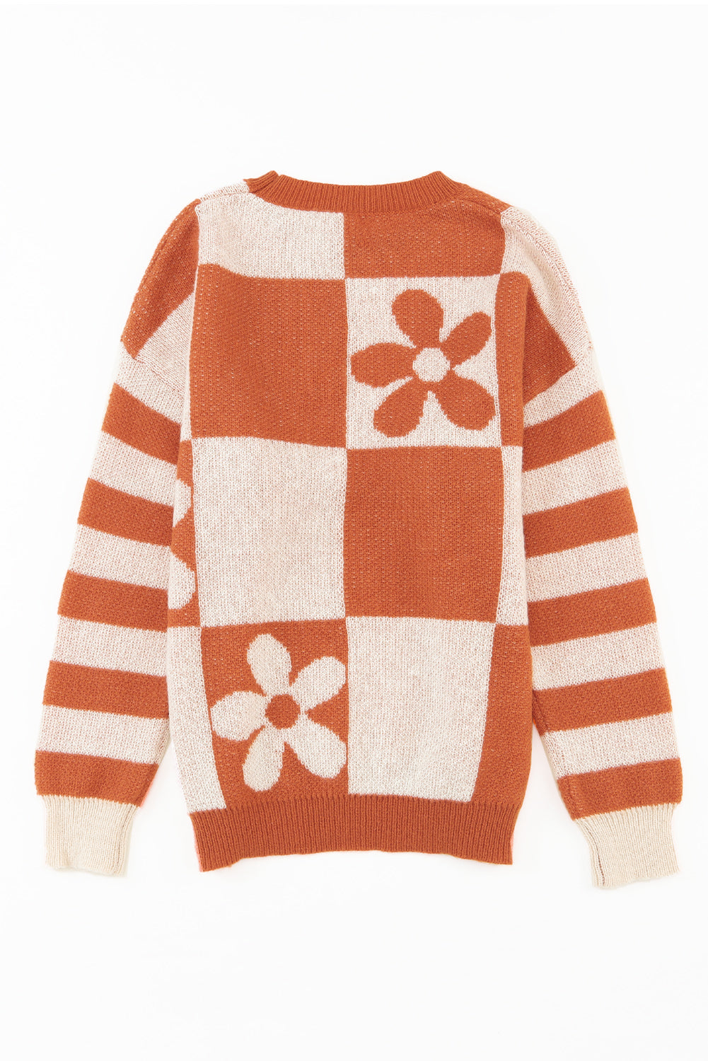 Brown Checkered Floral Print Striped Sleeve Sweater eAura
