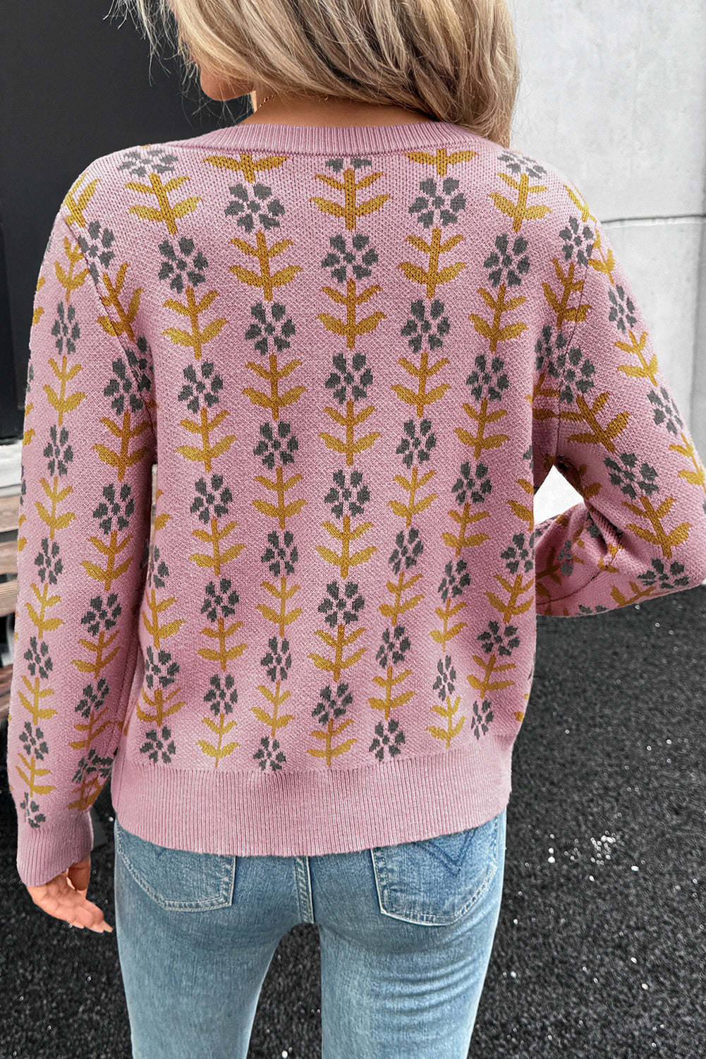 Pink Floral Button Down Ribbed Banded Cardigan Sweater Dear-Lover Dropshipping
