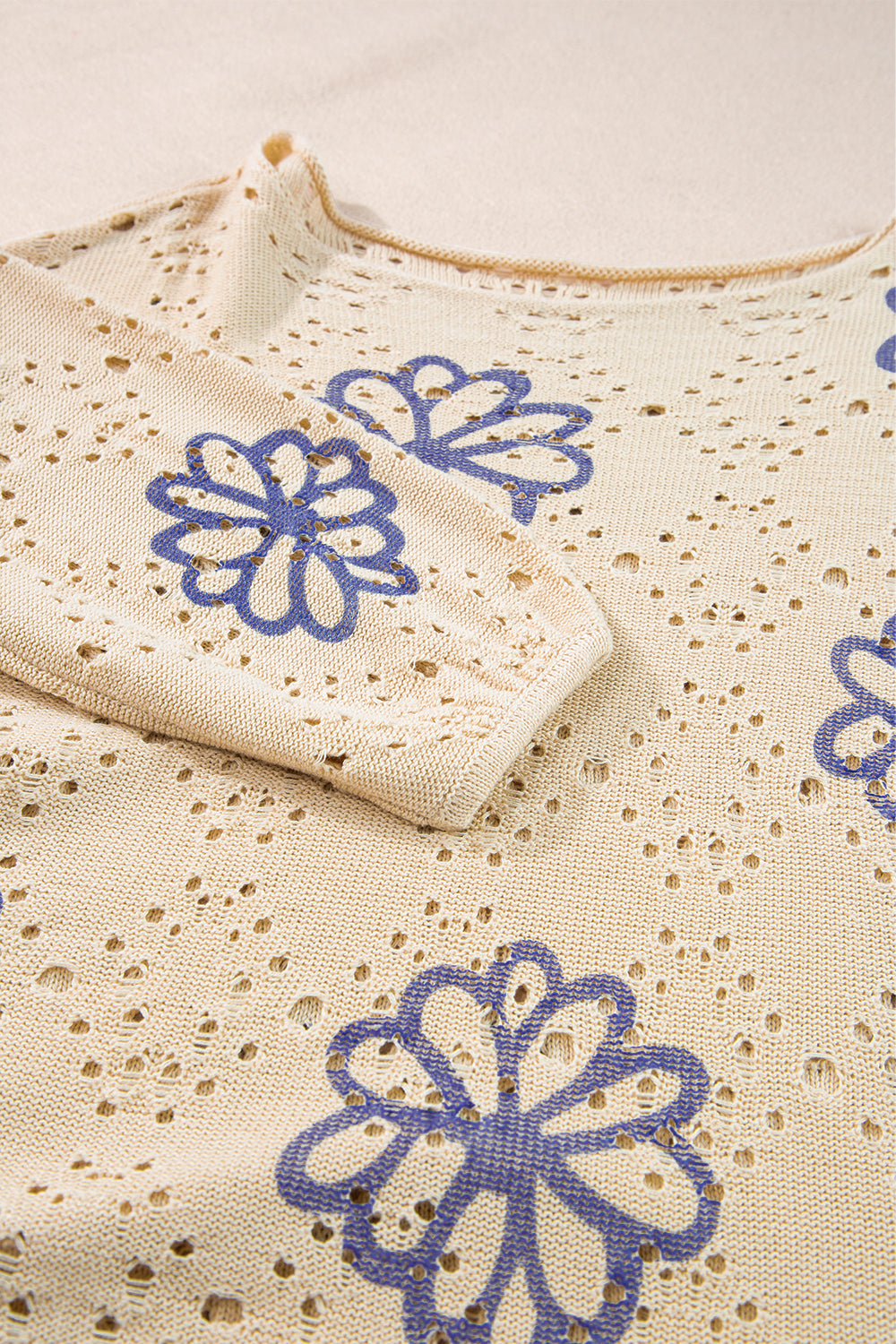 Beige Contrast Flower Print Eyelet Drop Shoulder Sweater eAura
