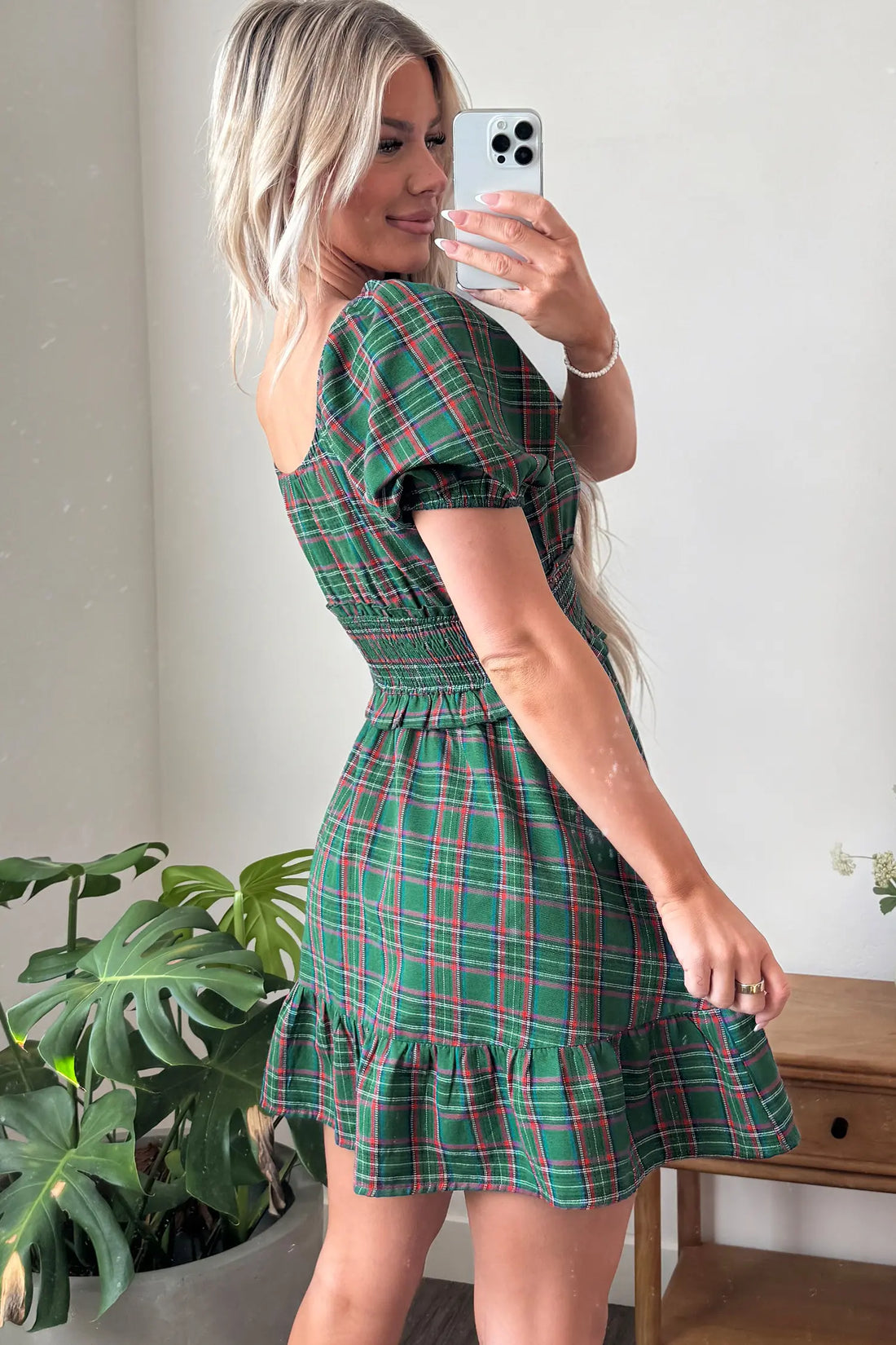 Plaid Shirred U Neck Short Sleeve Mini Dress
