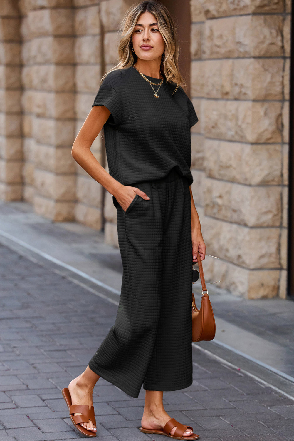 Black Textured Short Sleeve Top and Casual Trouser Set eAura