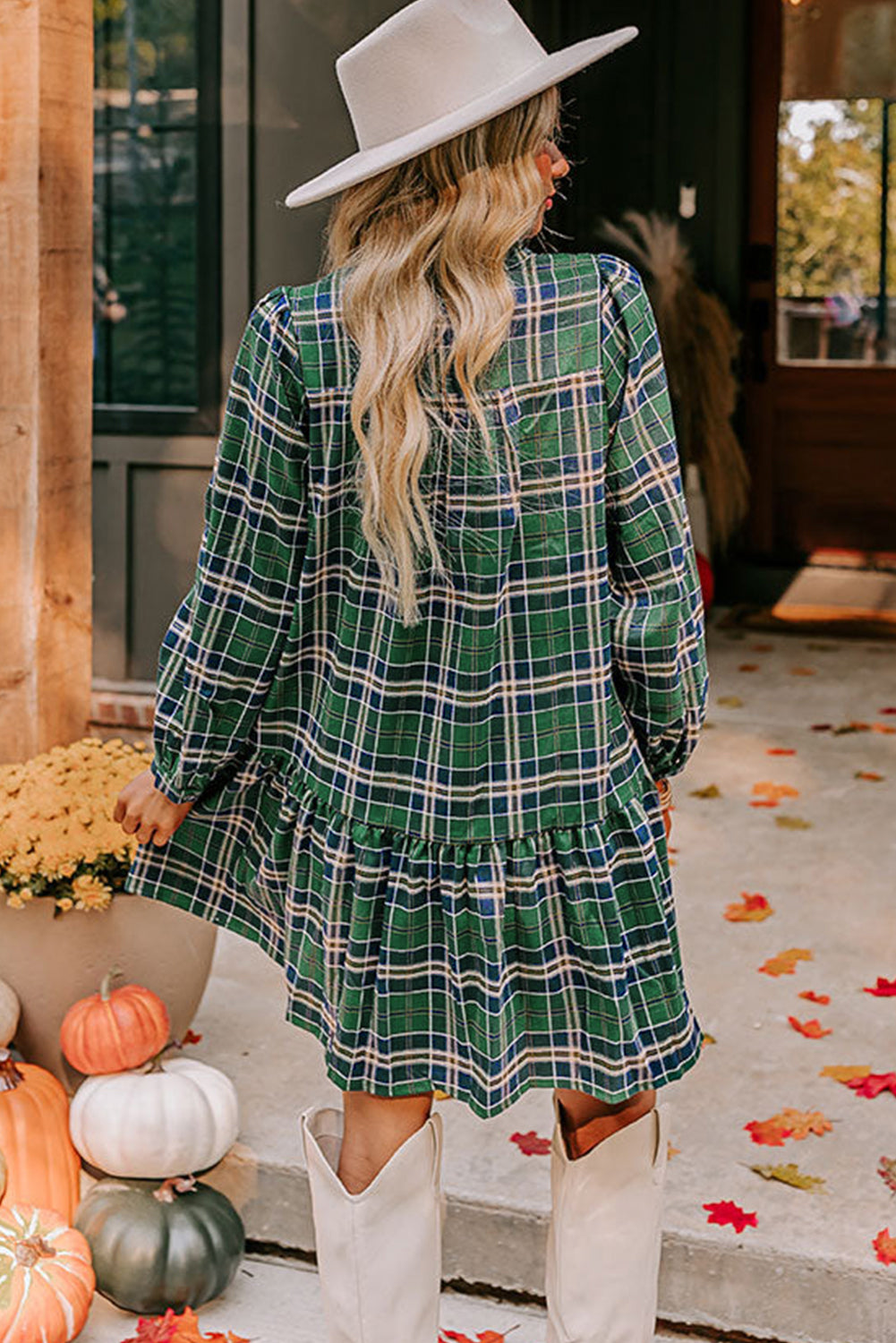 Green Plaid Print Frilly Collar Long Sleeve Shift Mini Dress eAura