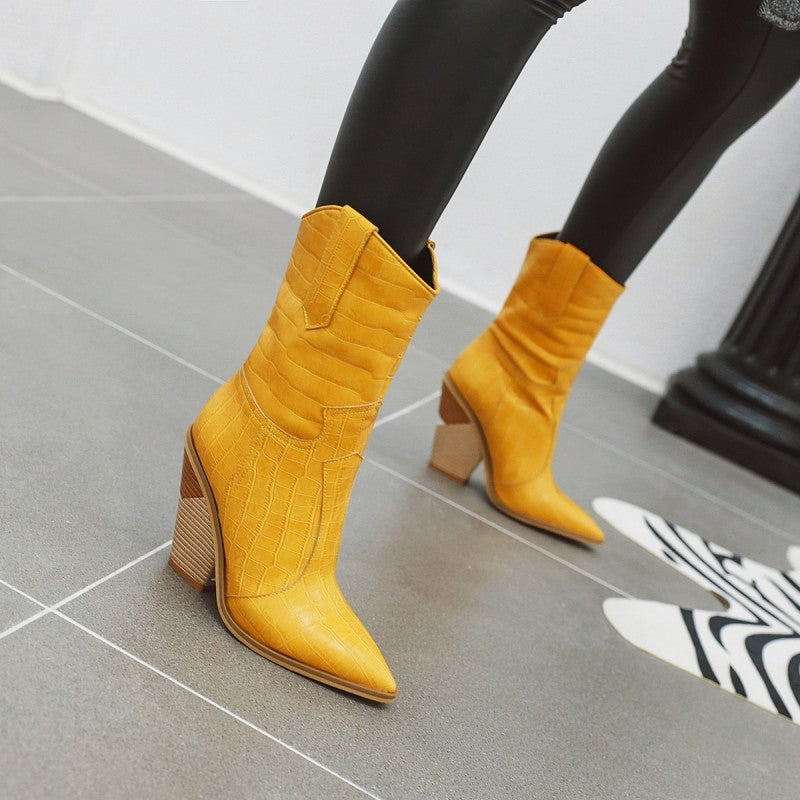 Pointed Thick Heel White Boots Women's Western Cowboy Boots BB Fashion Outlet