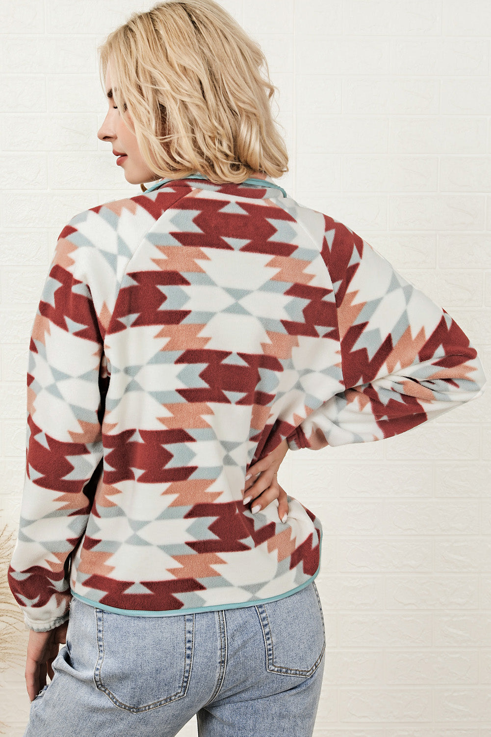 Fiery Red Western Aztec Buttoned Zipper Pockets Fleece Jacket eAura