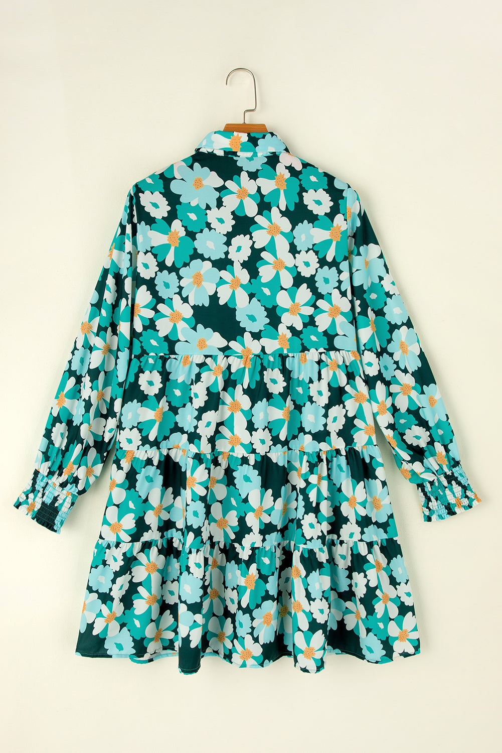 Green Floral Tiered Long Puff Sleeve Shirt Dress eAura
