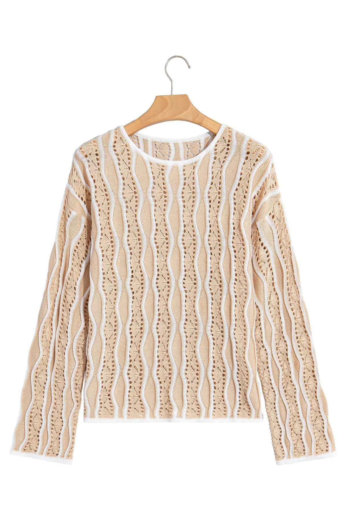 Wavy Detail Hollow Out Knit Long Sleeve Cotton Pullover Sweater – Pink