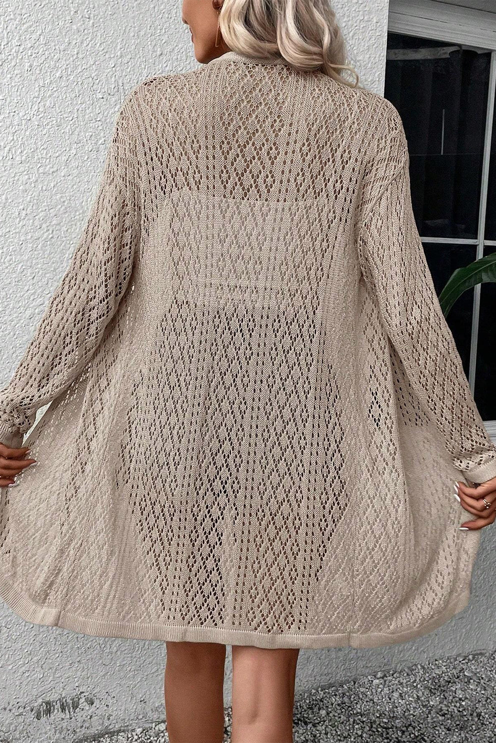 Smoke Grey Solid Colour Pointelle Knit Open Front Cardigan eAura