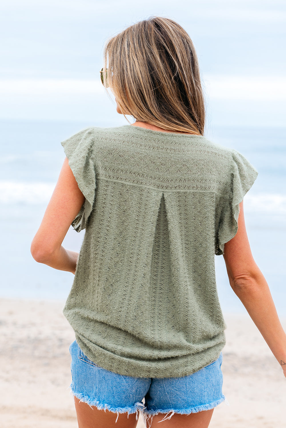 Laurel Green Flutter Sleeve Lace V Neck Shirt eAura