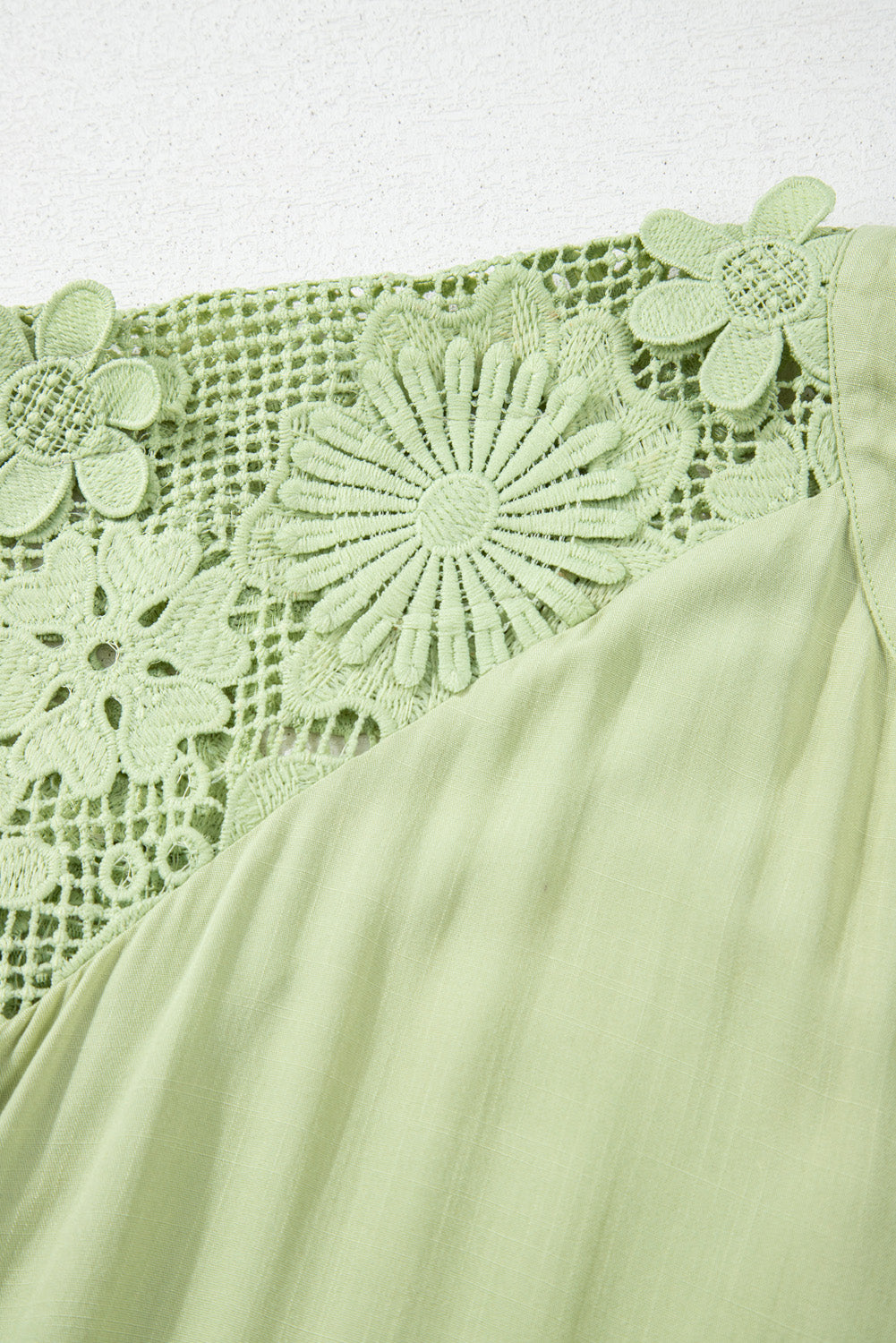 Laurel Green Floral Crochet Short Sleeve Notch V Neck Tiered Plus Size Mini Dress BB Fashion Outlet