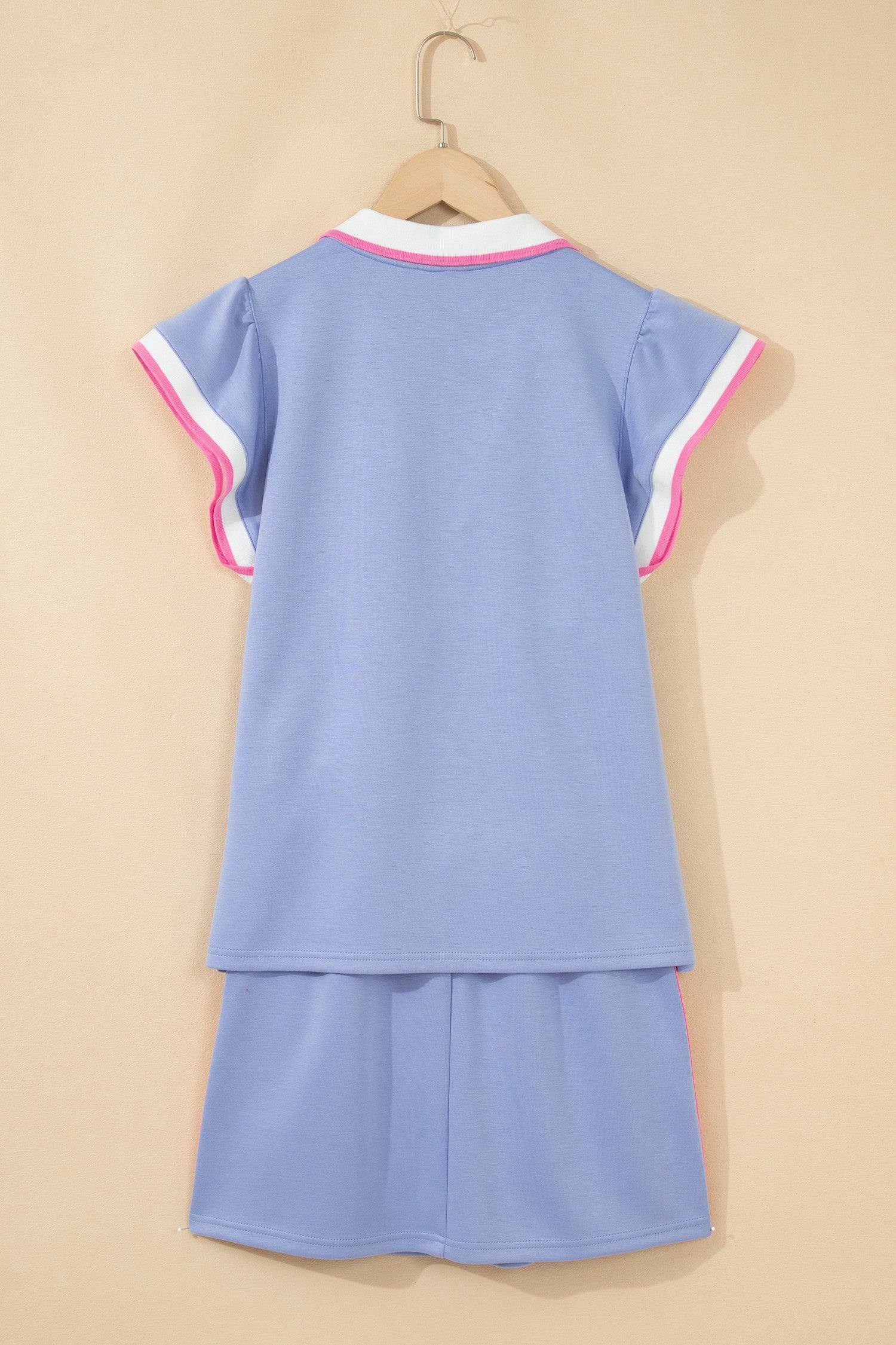 Sky Blue Preppy Striped Trim V Neck Polo Tee Drawstring Skort Set – Light Blue