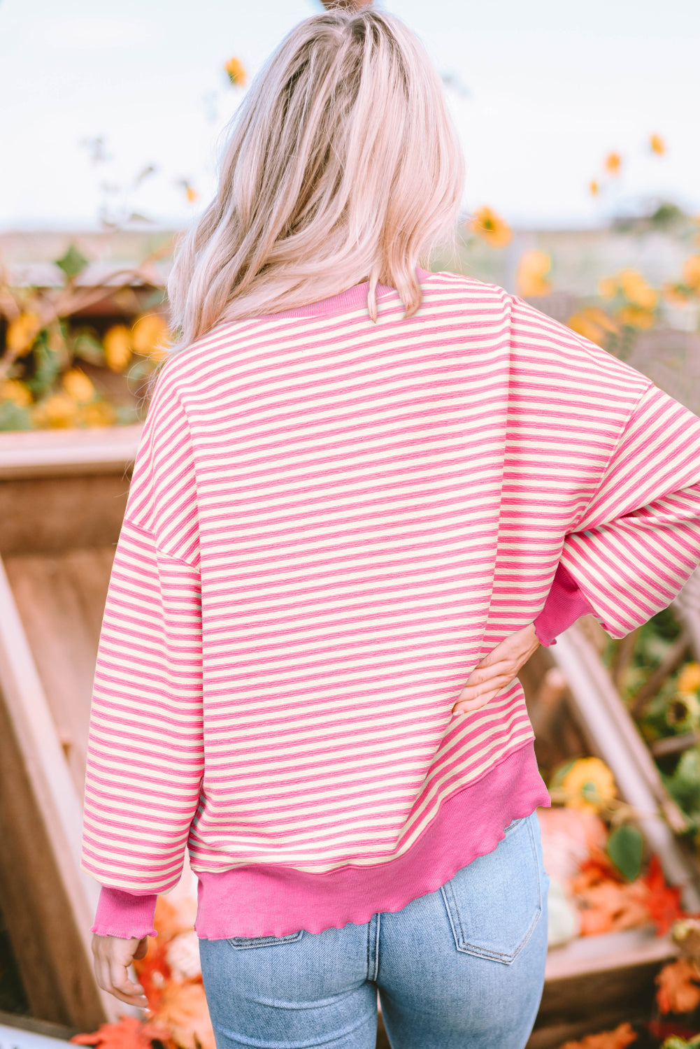 Pink Stripe Loose Drop Shoulder Long Sleeve Top BB Fashion Outlet