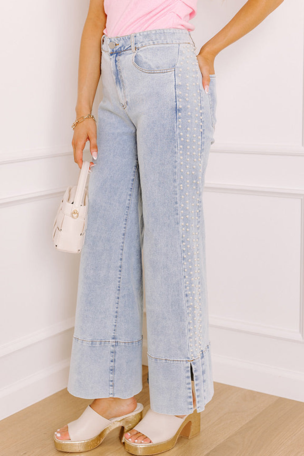 Mid Rise Pearl Embellished Split Wide Leg Jeans - eAura