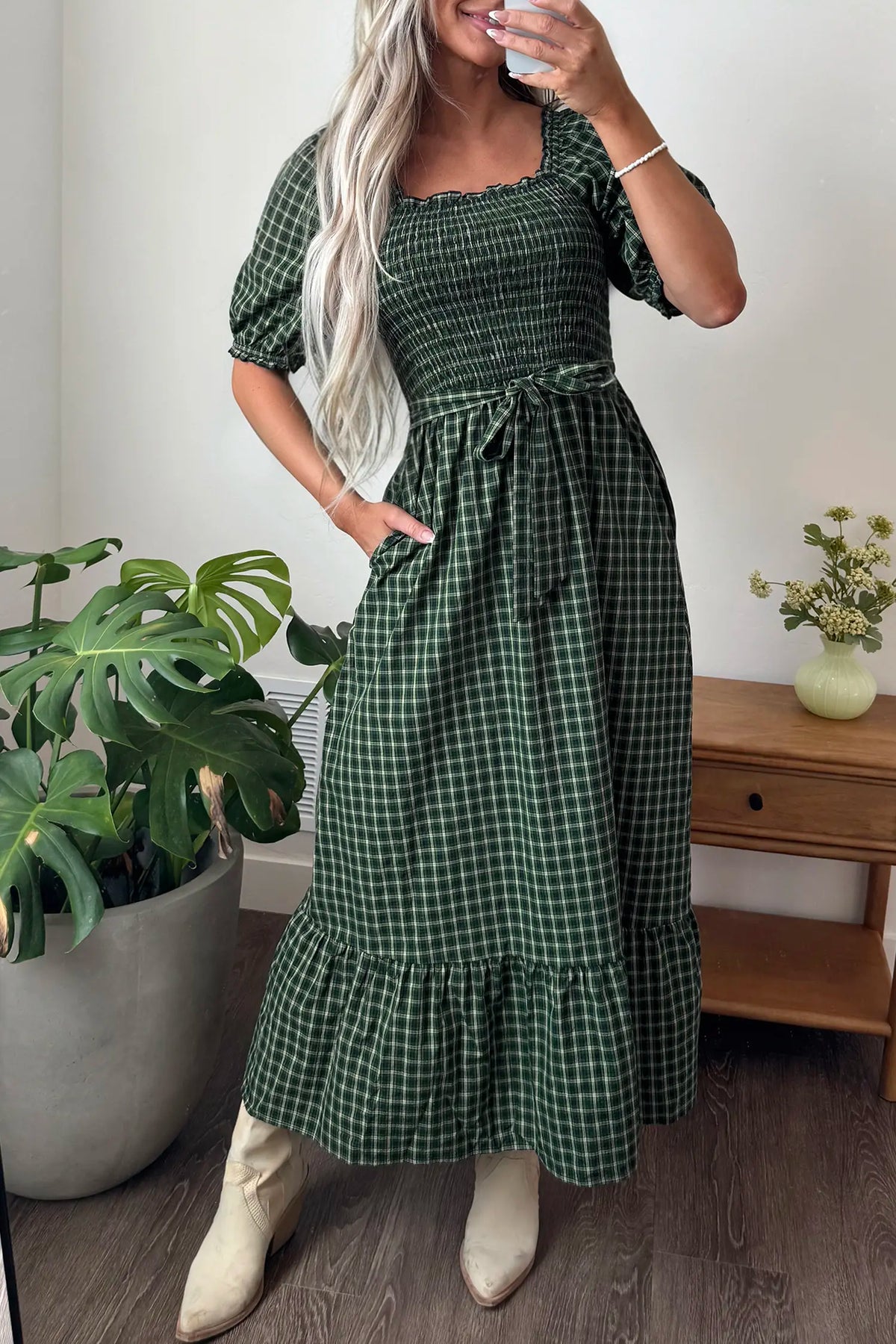 Plaid Square Neck Shirred High Waist Ruffle Hem Dress – Green