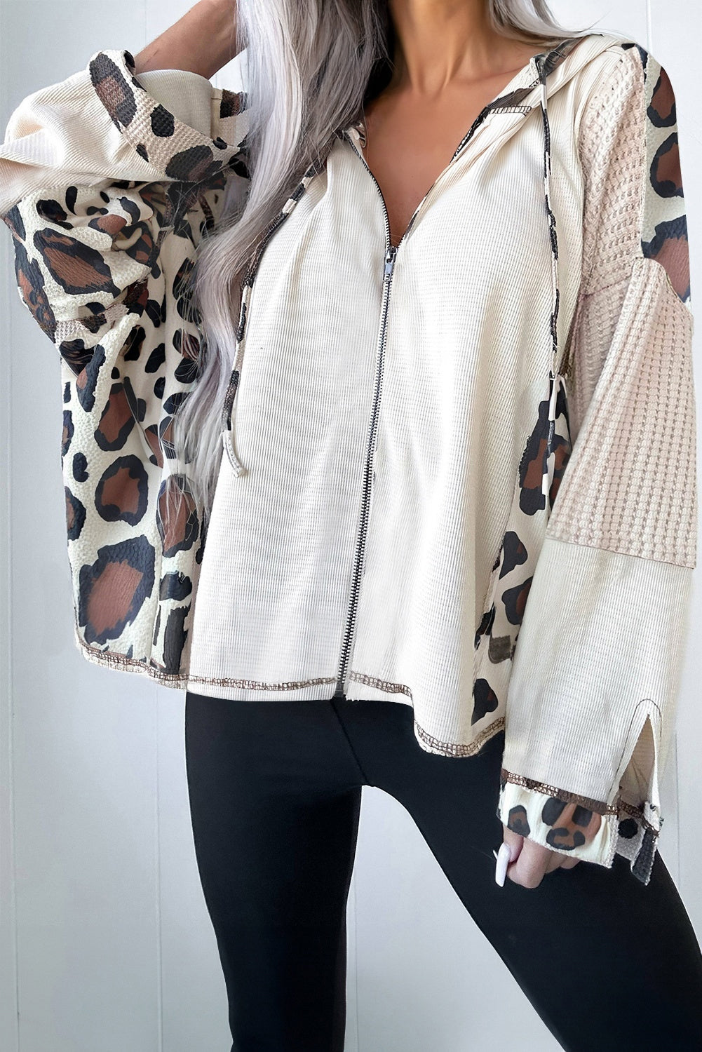 Oversized Leopard Contrast Mixed Texture Patchwork Zip-Up Drop Shoulder Hoodie - Tops/Sweatshirts & Hoodies