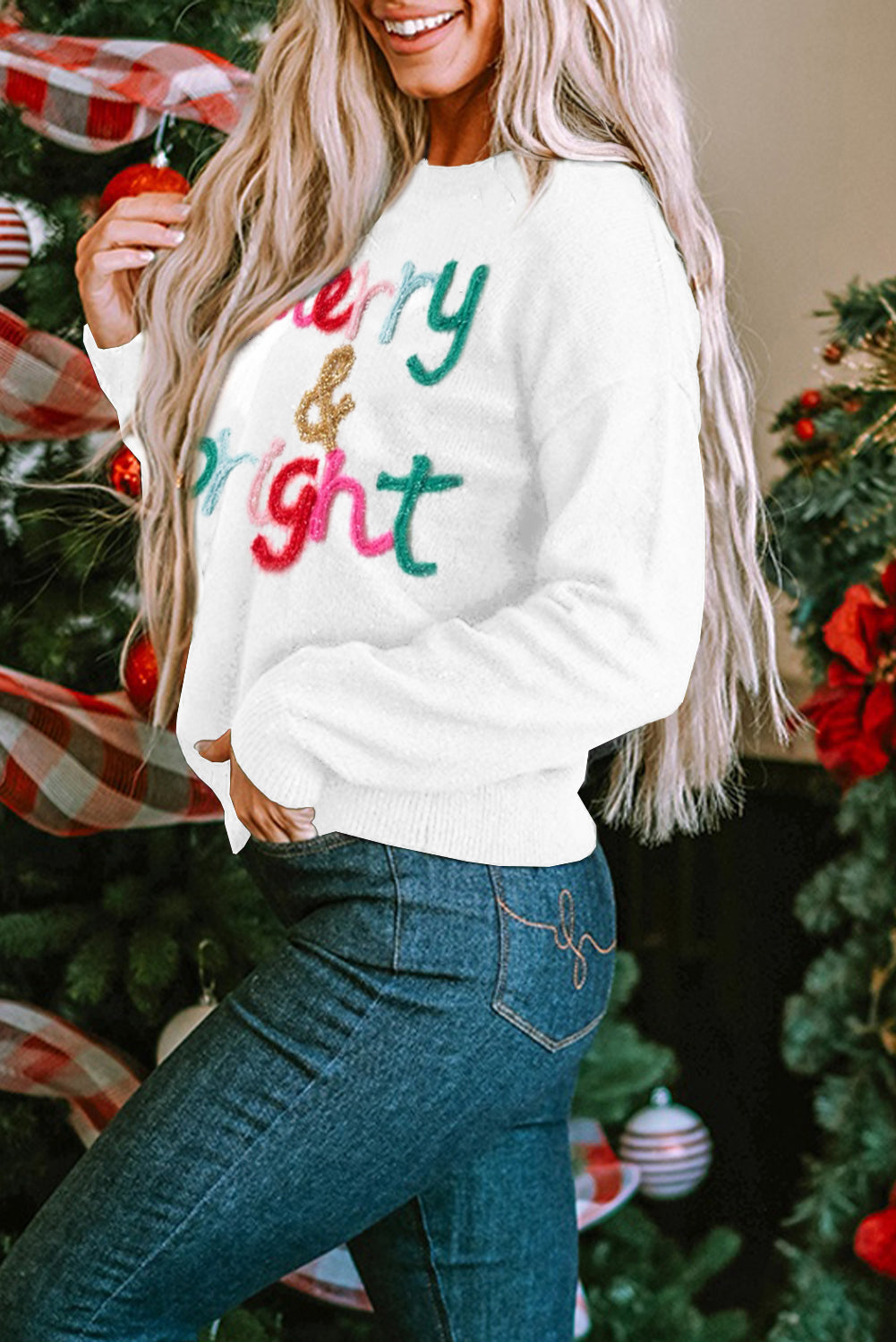 White XOXO Glitter Print Round Neck Casual Sweater eAura