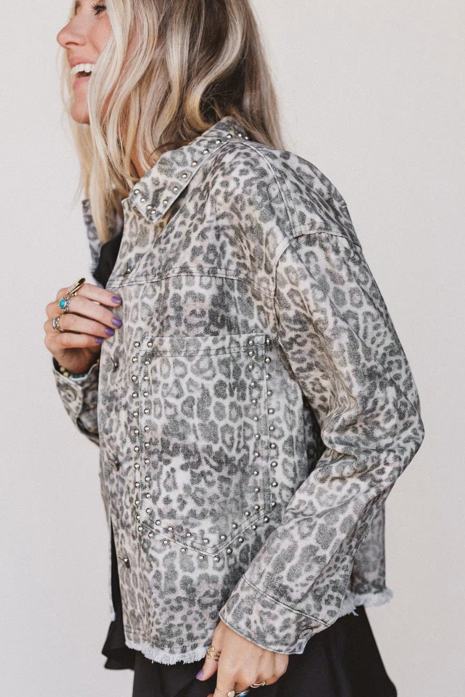 Leopard Print Studded Collar Studded Patch Pocket Denim Jacket – Khaki