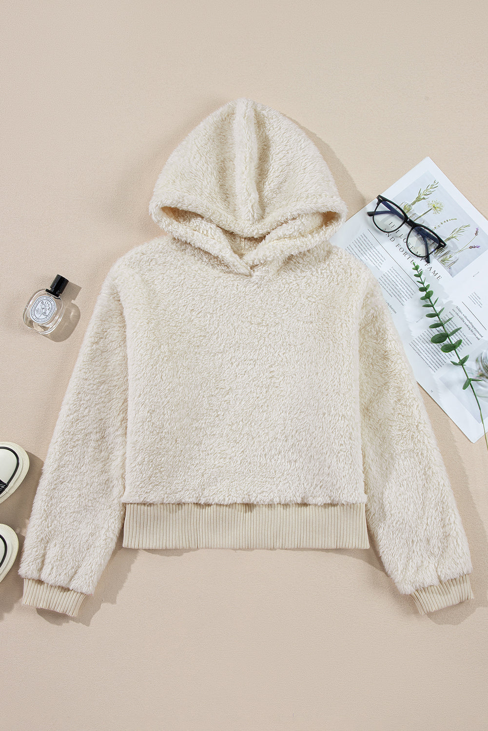 White Contrast Ribbed Edge Plush Hoodie eAura