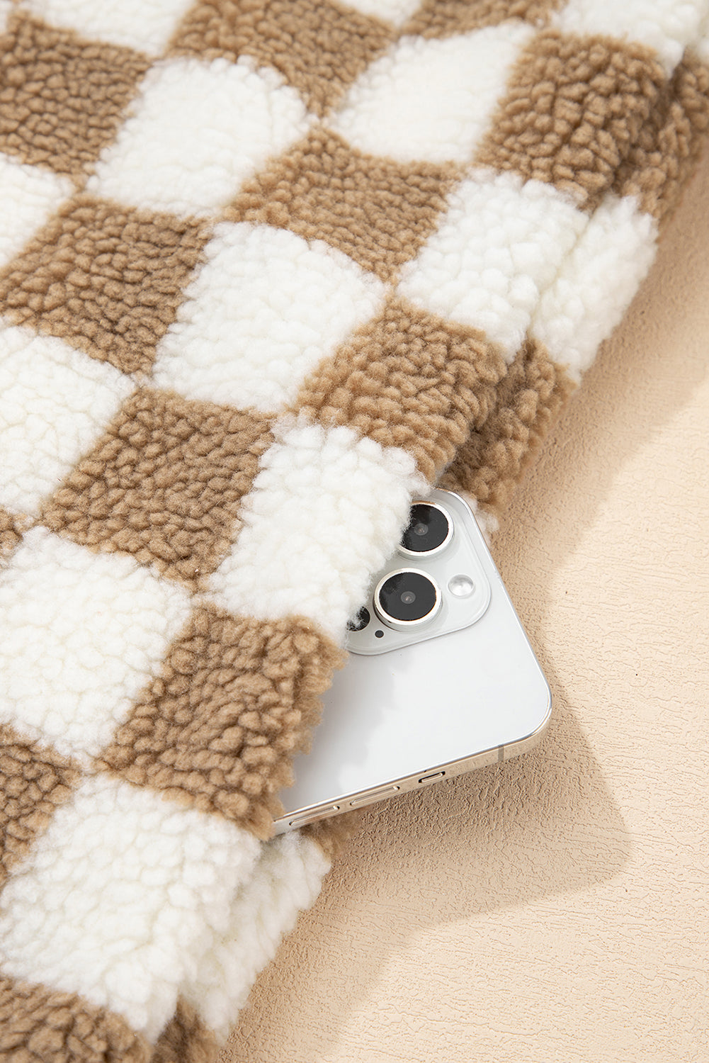 Brown Checkered Sherpa Buttoned Front Chunky Jacket eAura